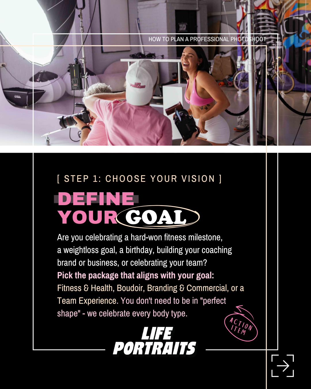 Step 1 of the Brisbane photoshoot planning guide — define your goal, Life Portraits