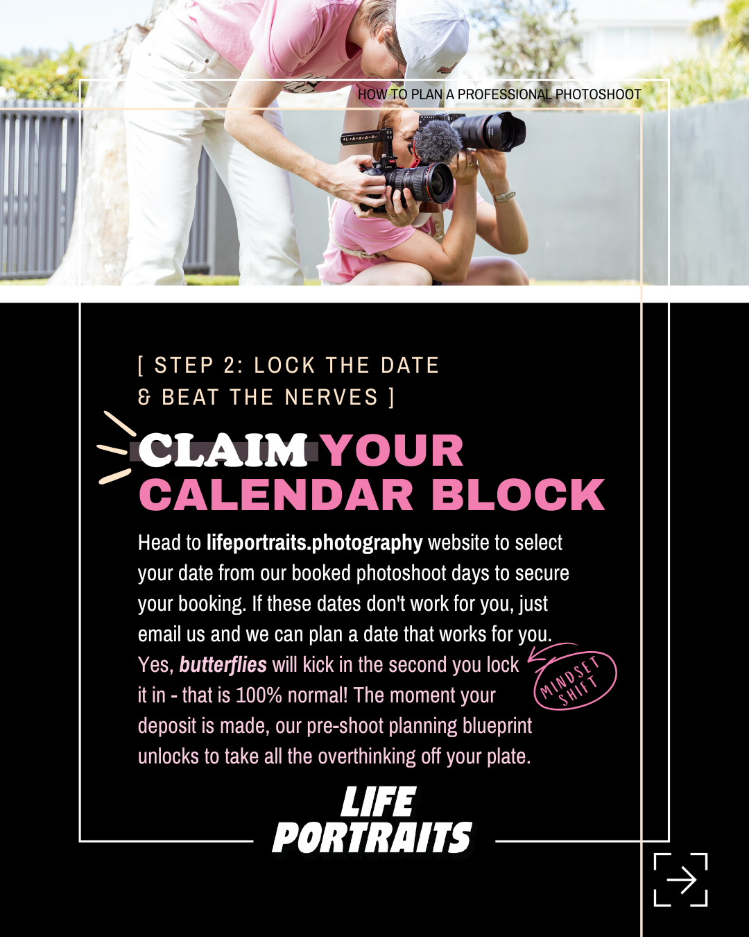 Step 2 of the Brisbane photoshoot planning guide — claim your calendar block, Life Portraits