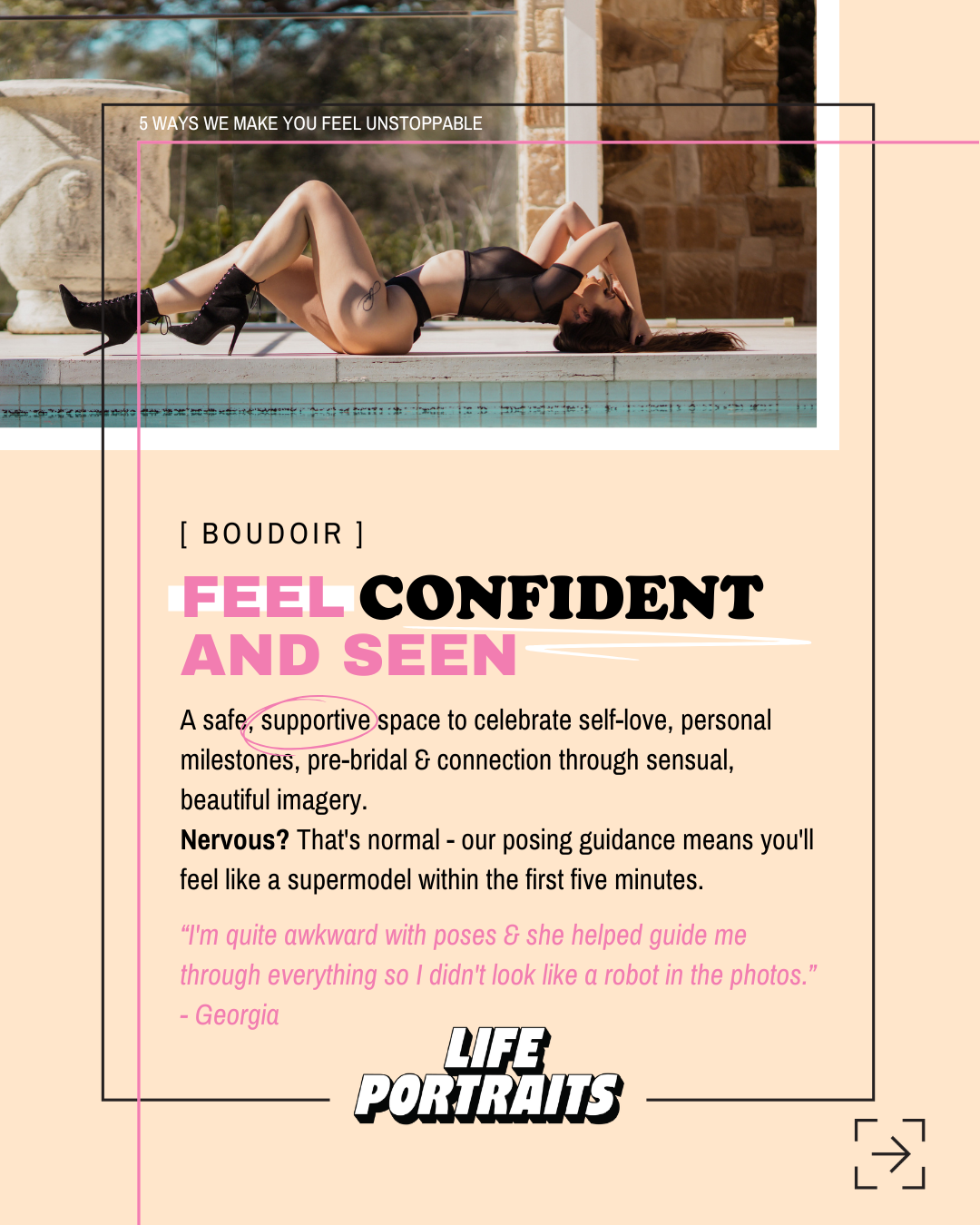 Brisbane boudoir photography client poolside in black lingerie, confident pose