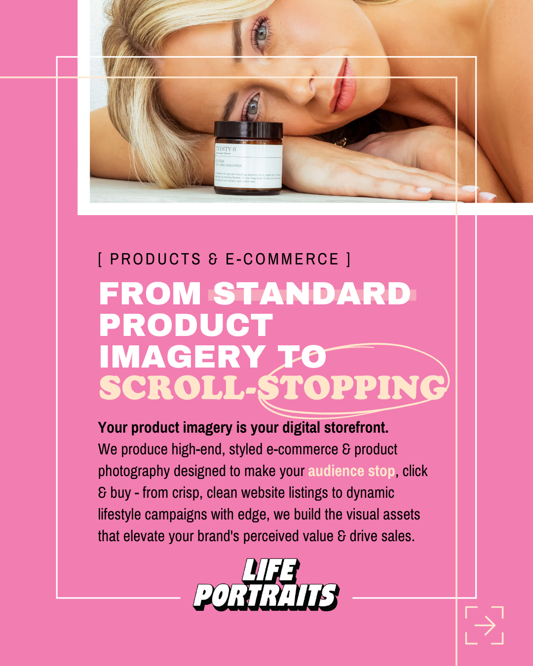 Brisbane product photography, skincare bottle styled beside model