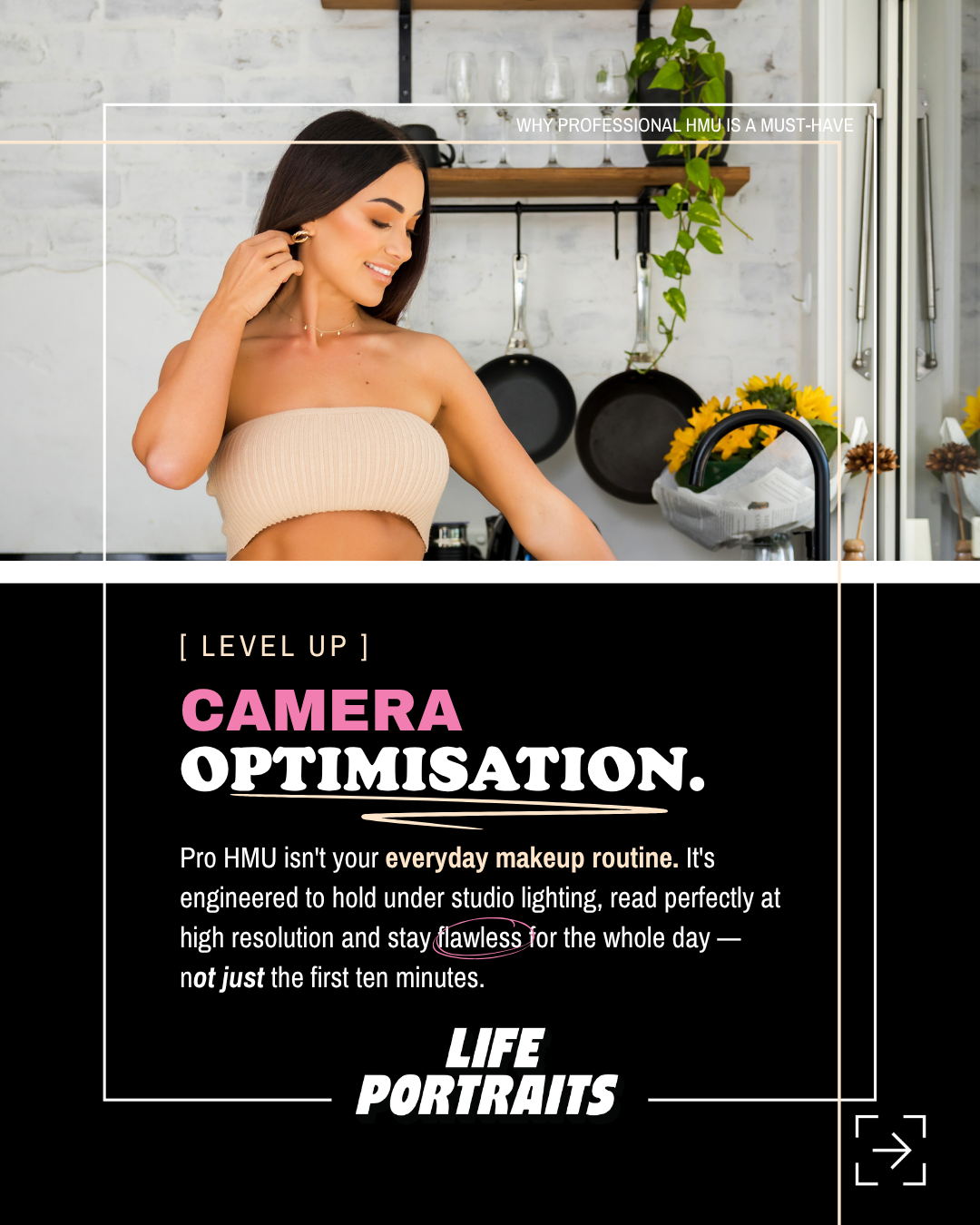 Camera-ready makeup designed for studio lighting during a Brisbane photoshoot with Life Portraits