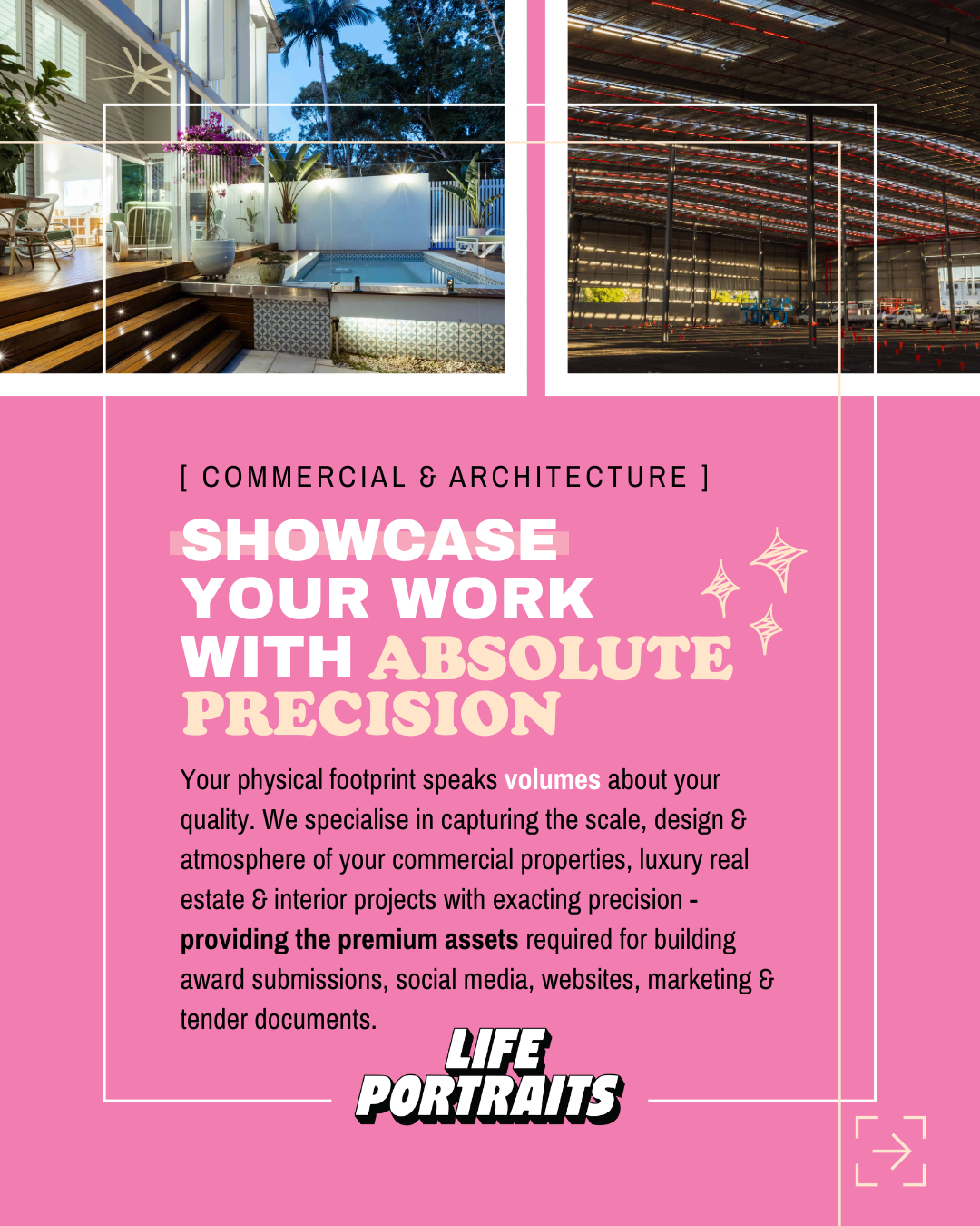 Brisbane commercial architecture photography, luxury pool and warehouse interior