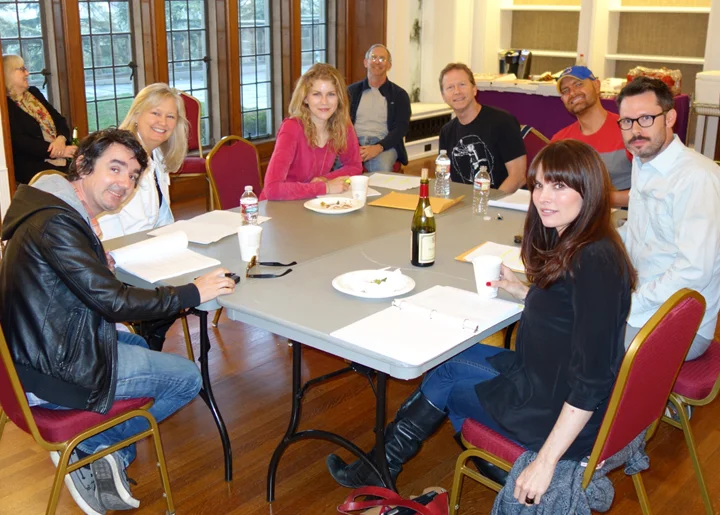 First reading of "The Elephant in the Room" took place at Greystone Mansion on April 24, 2014. Seated at table counter clockwise are: Darren (Daz) Richardson, Christie Mossman, Ellie Jameson, Clete Keith, Stephan Smith Collins, Tom Musgrave, and Whitney Dylan. Seated in back are Betsy and Craig Berenson. 