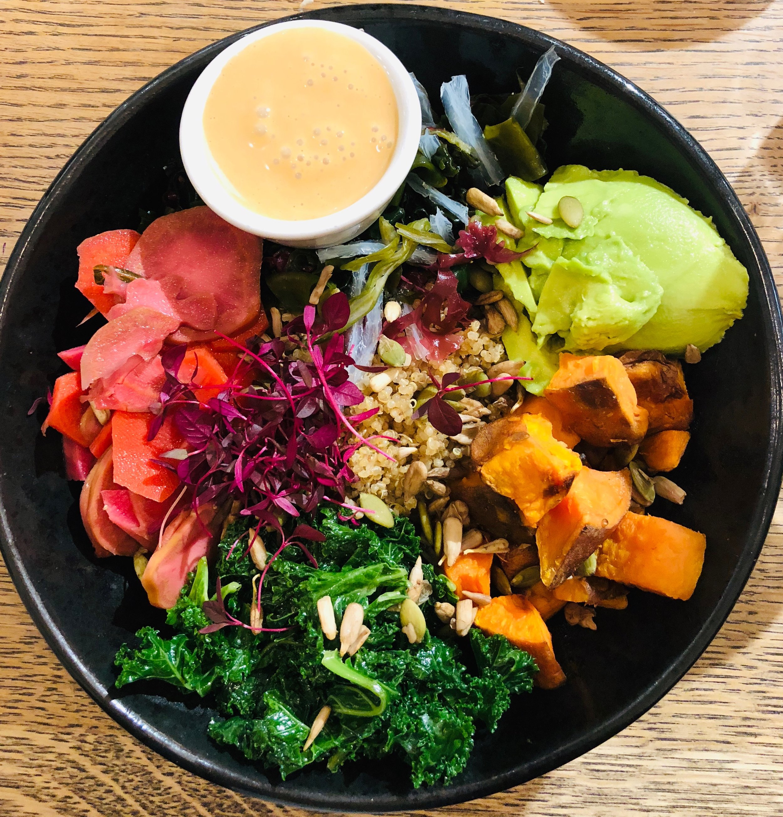 Farmacy Macro Bowl - Steamed quinoa, roasted sweet potato, Kombu seaweed, sautéed kale, radish sprouts, avocado, Farmacy pickles & ginger miso dressing
