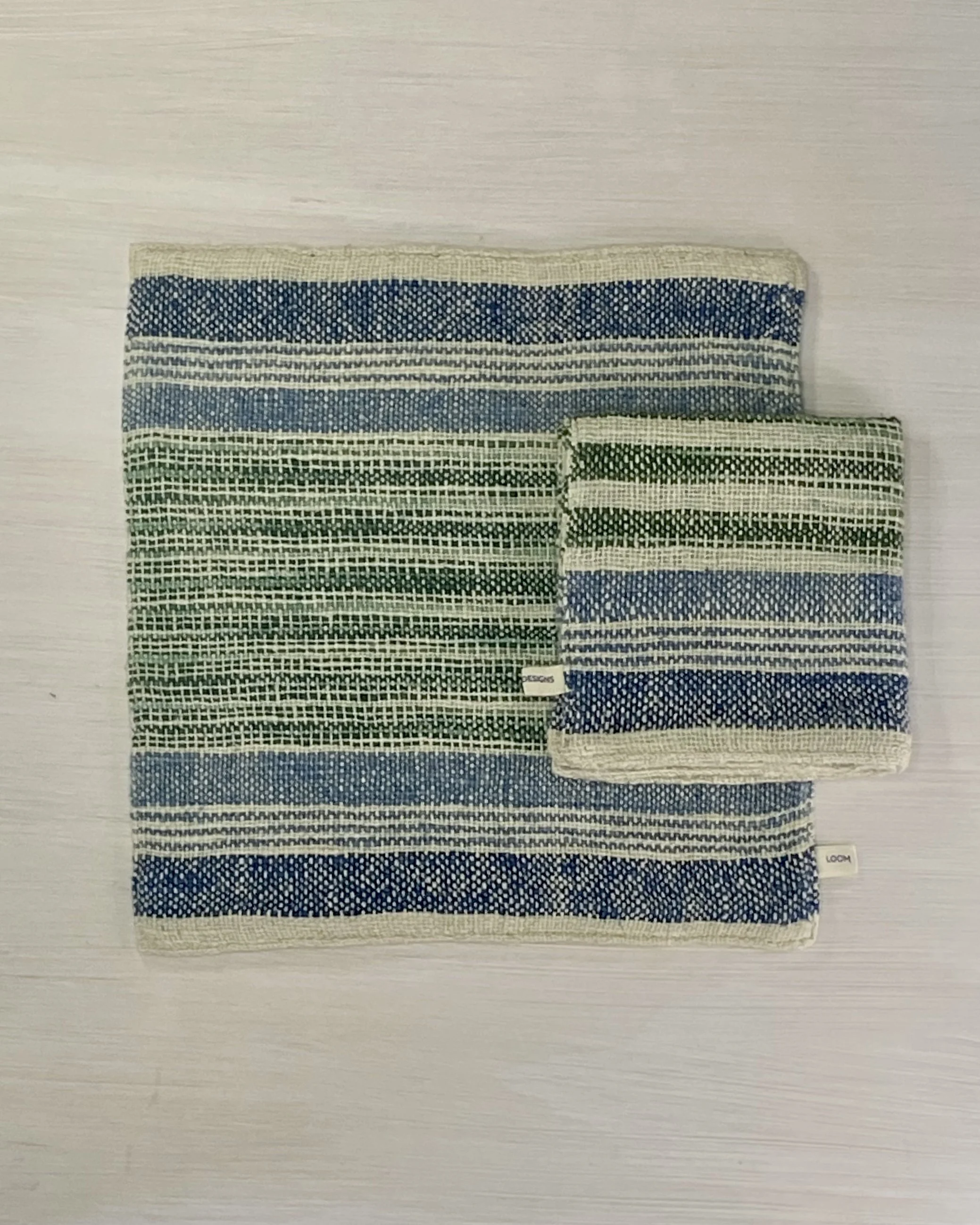 Face Washer Green Indigo Stripe folded on flatlay Loom Designs.jpg
