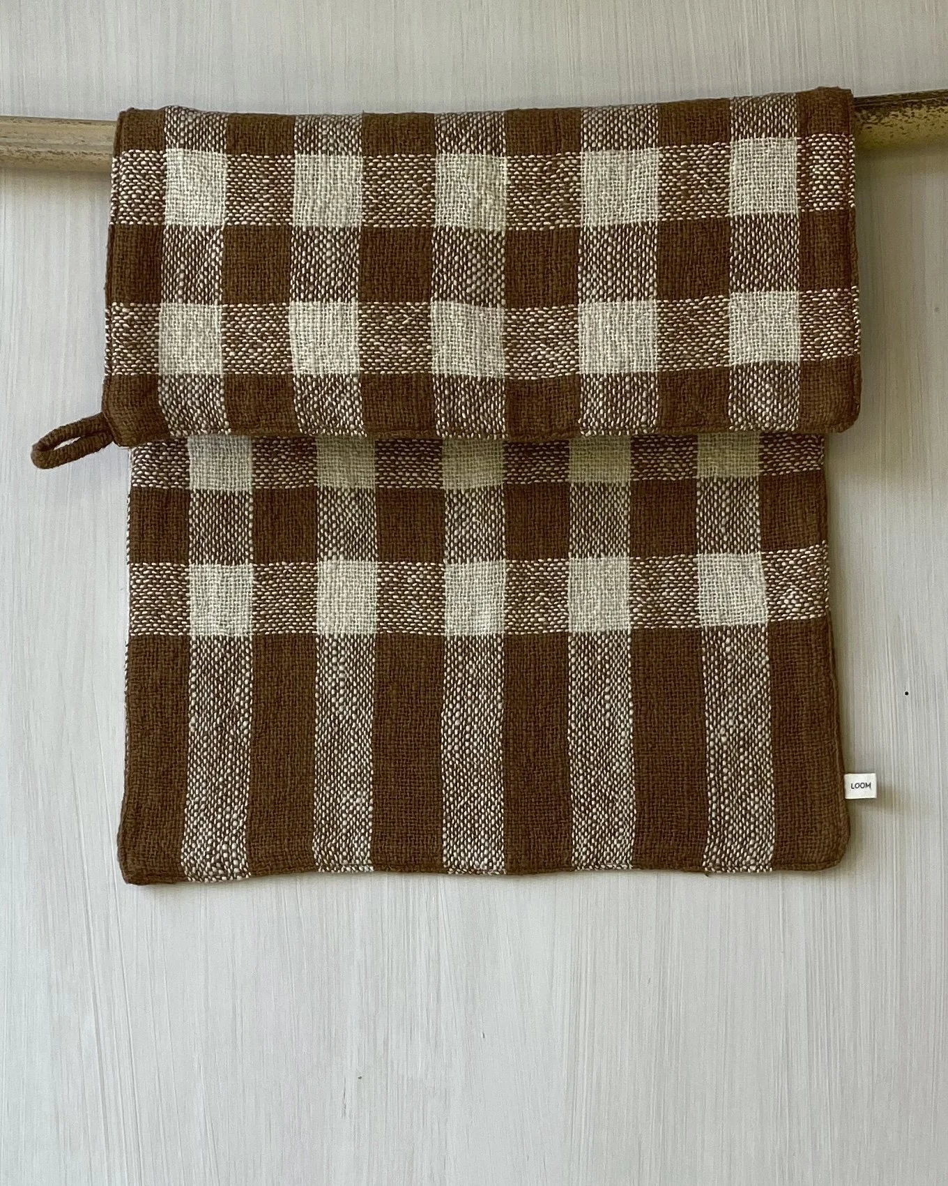 Hand Towel Cinnamon Check folded over a rodLoom Designs .jpg