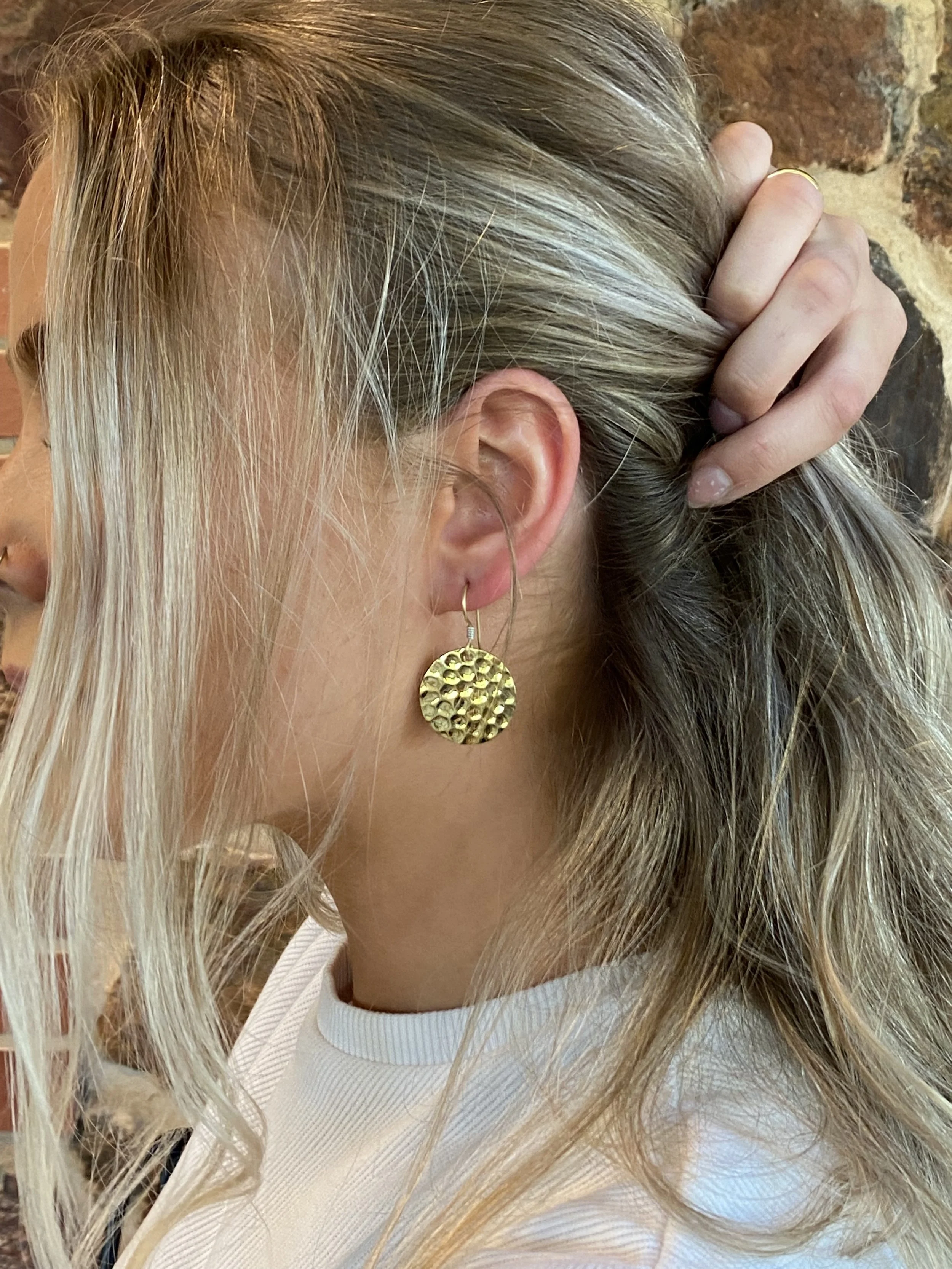 Brass hammered round earrings handmade ethical Jewellery Loom Designs.jpg