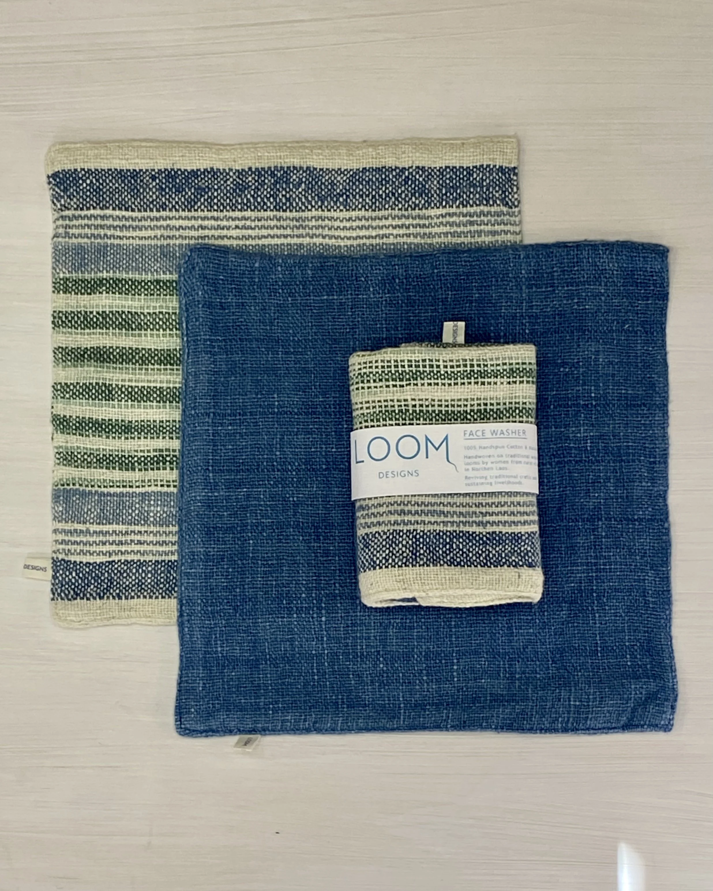 Face Washer Two Pack Indigo with Ocean Green Indigo Stripe Loom Designs.jpg