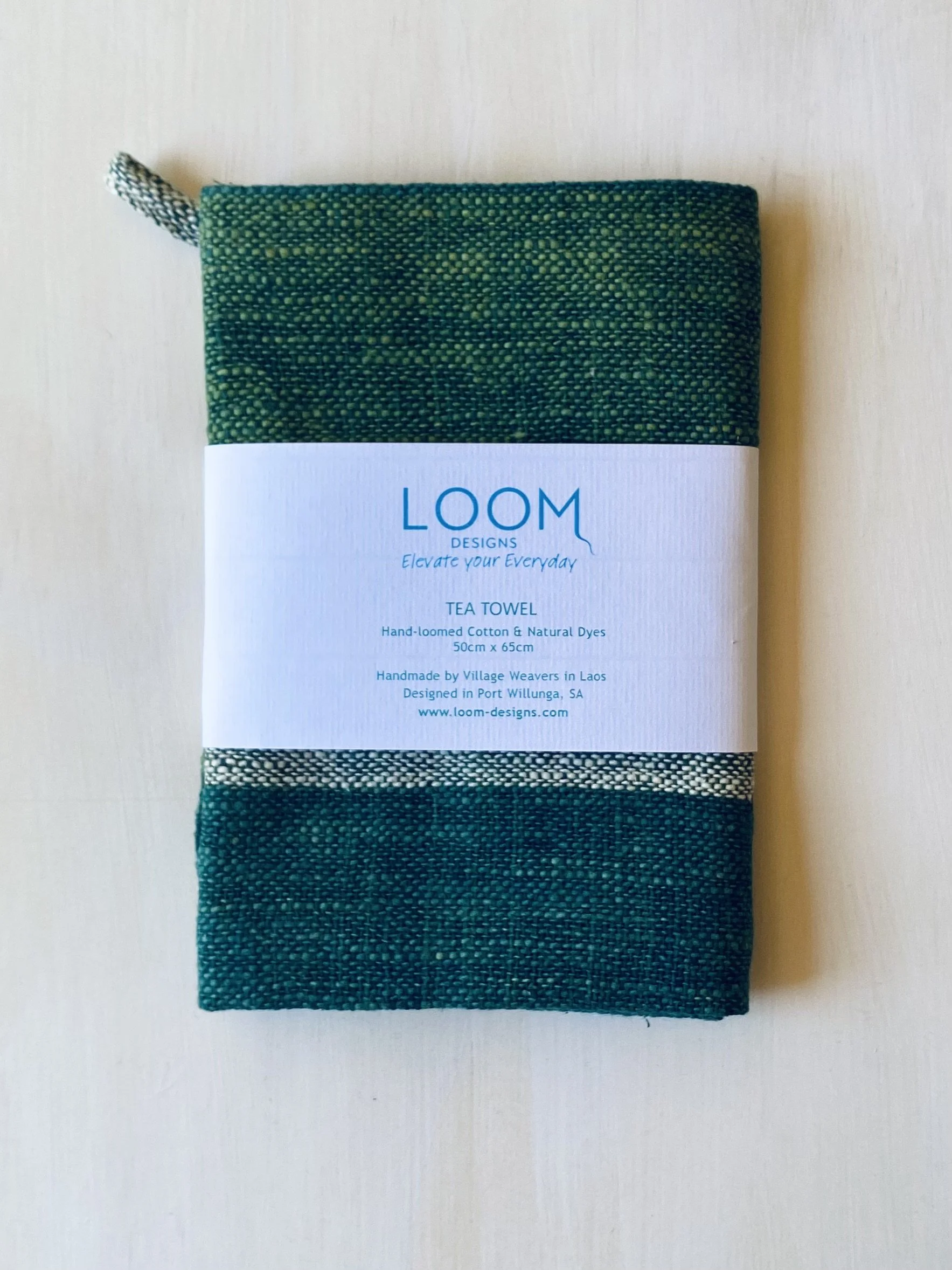 Tea Towel Green on Green Stripe packaged LOOM Designs.jpeg