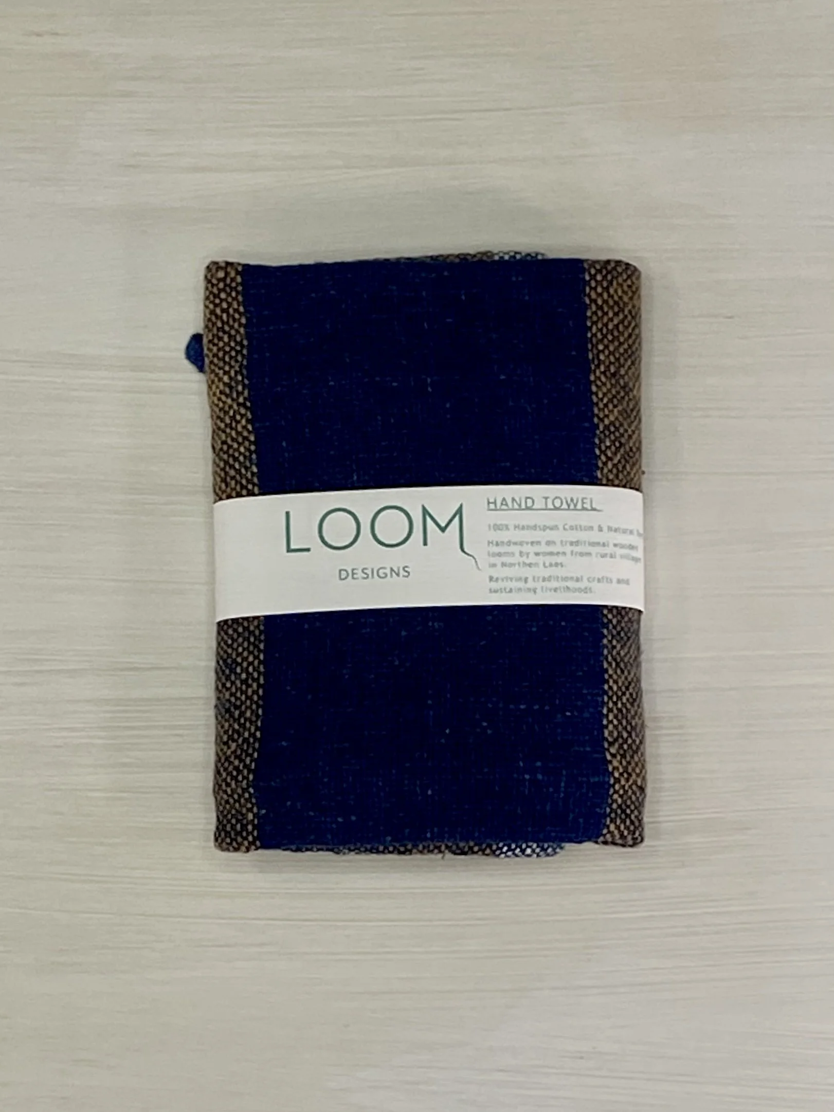 Hand Towel Bold Indigo Cinnamon Stripe with Loom Designs Label.jpg
