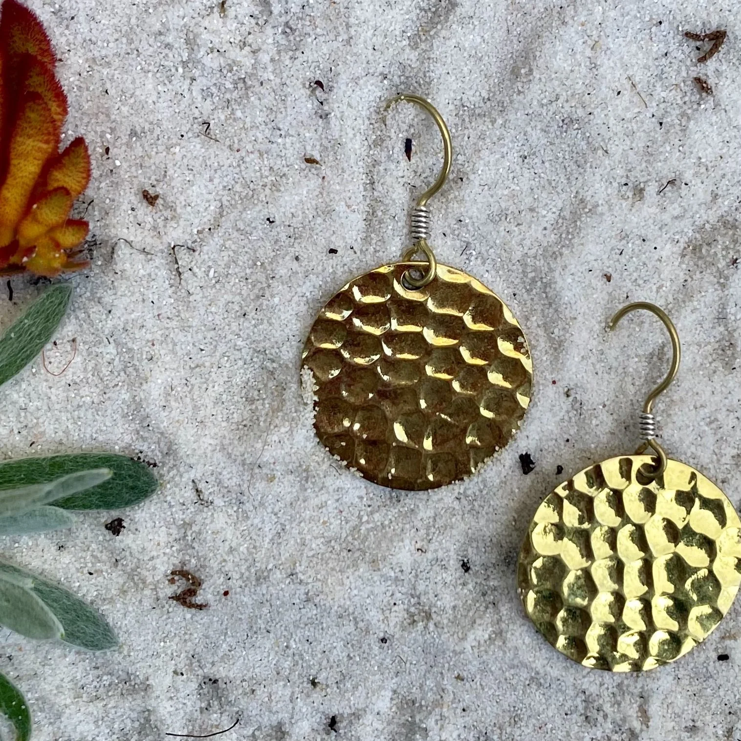Brass round hammered earrings handmade jewellery Loom Designs.jpg