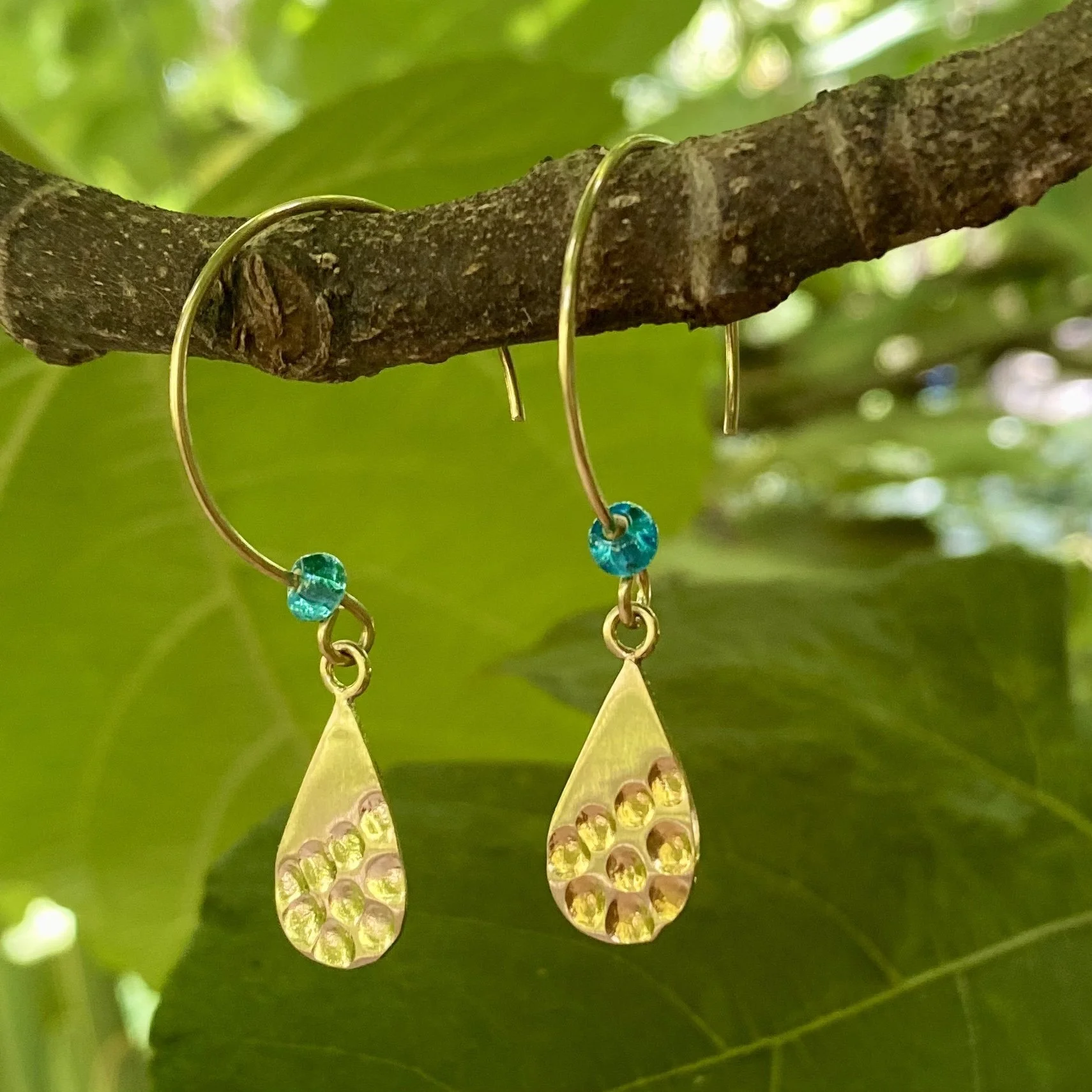 Brass Hoop Teardrops Aqua