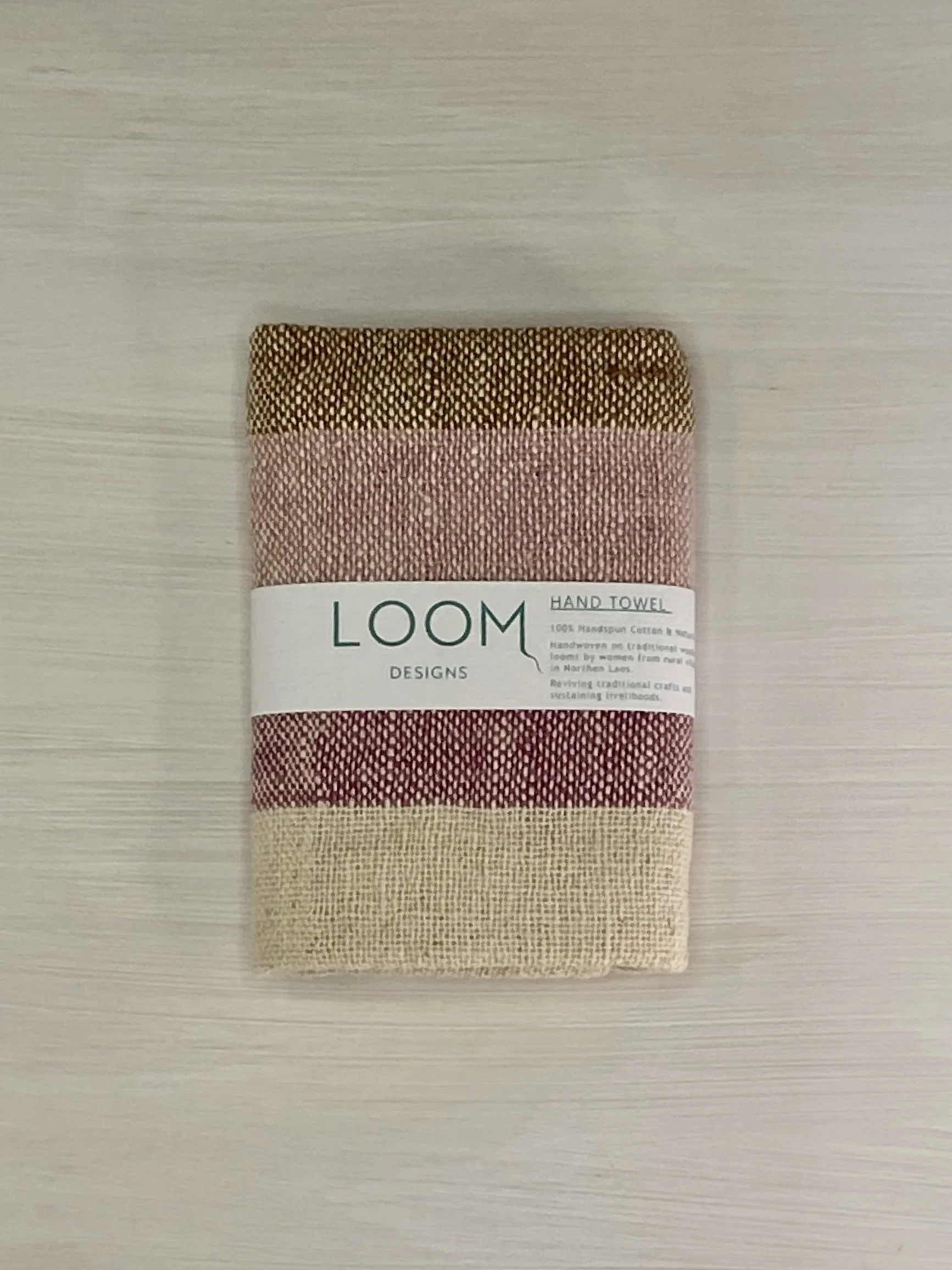 Hand Towel Pink Dark and Natural Cotton Stripe with Loom Designs Label.jpg