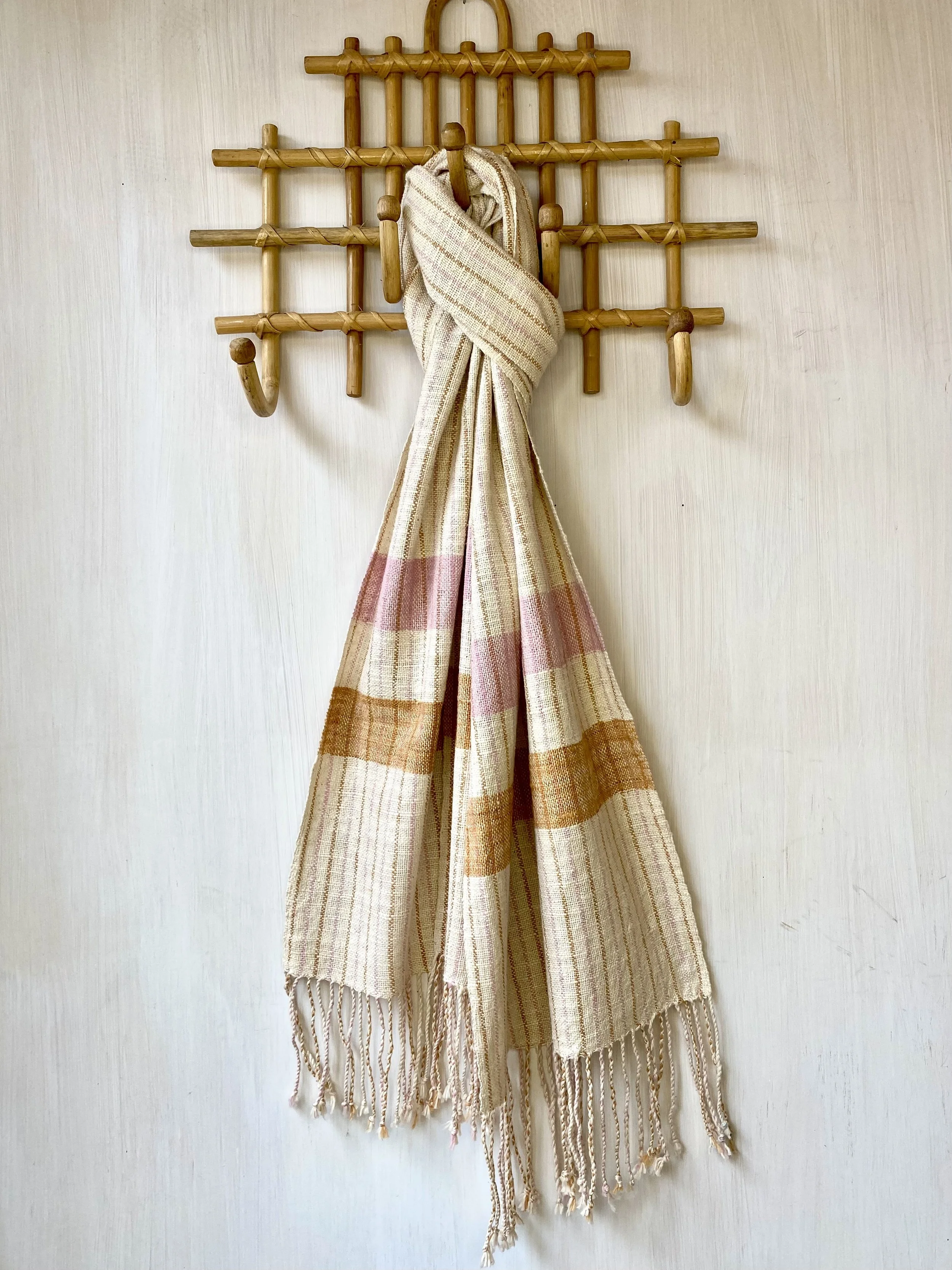 Lao Cotton Scarf Natural Cotton with Pink & Dark Cotton Stripes