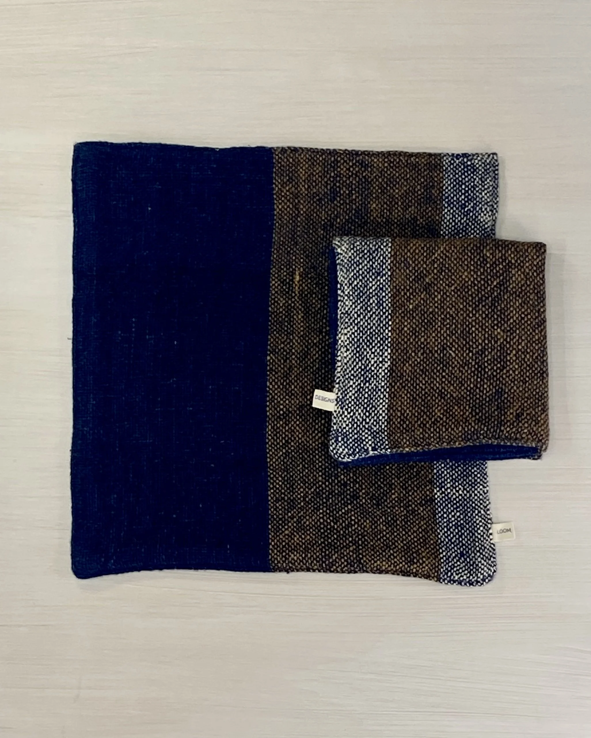 Face Washer Bold Indigo Cinnamon Stripe folded on flatlay Loom Designs.jpg