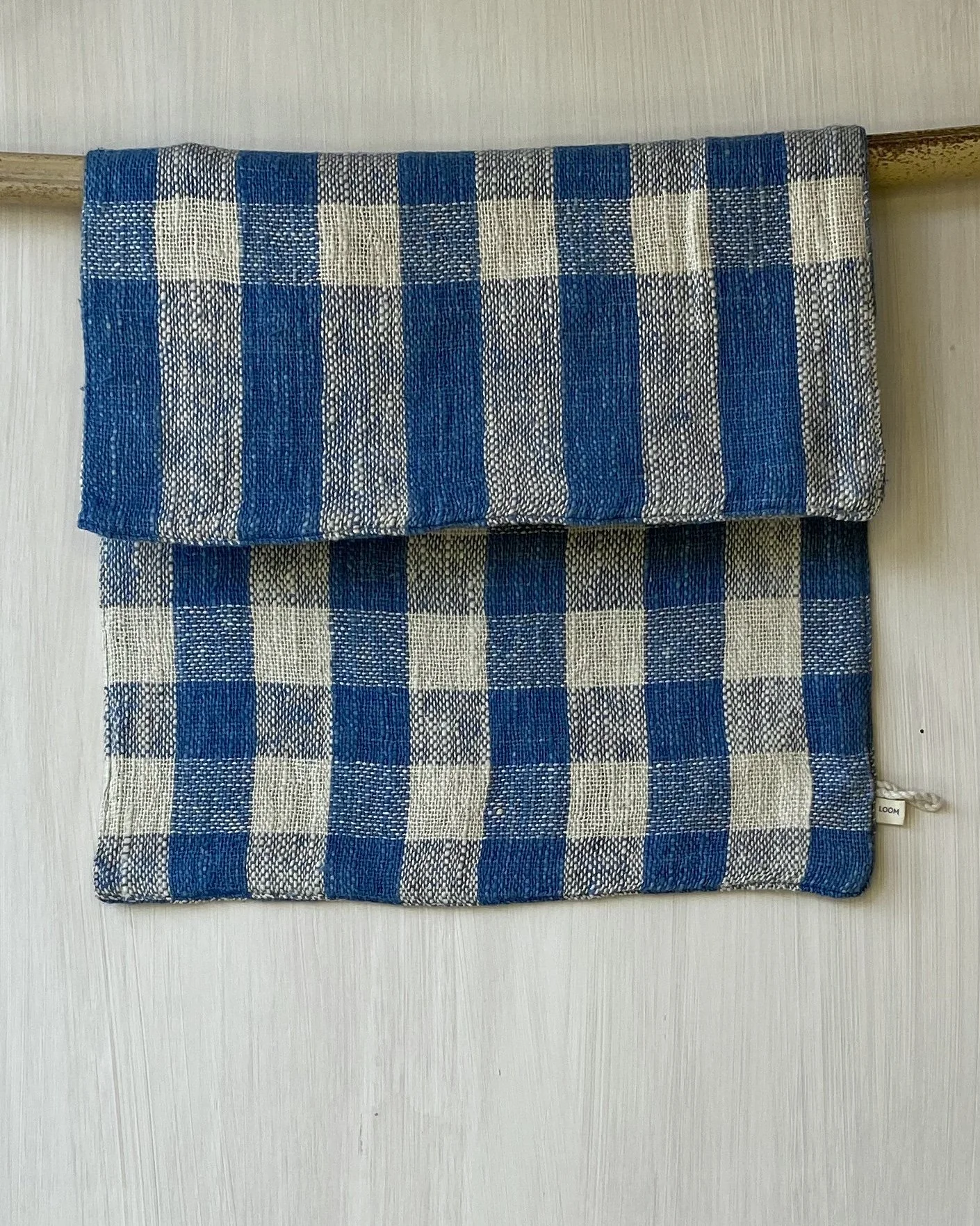 Hand Towel hanging on rod Indigo Check Loom Designs.jpg
