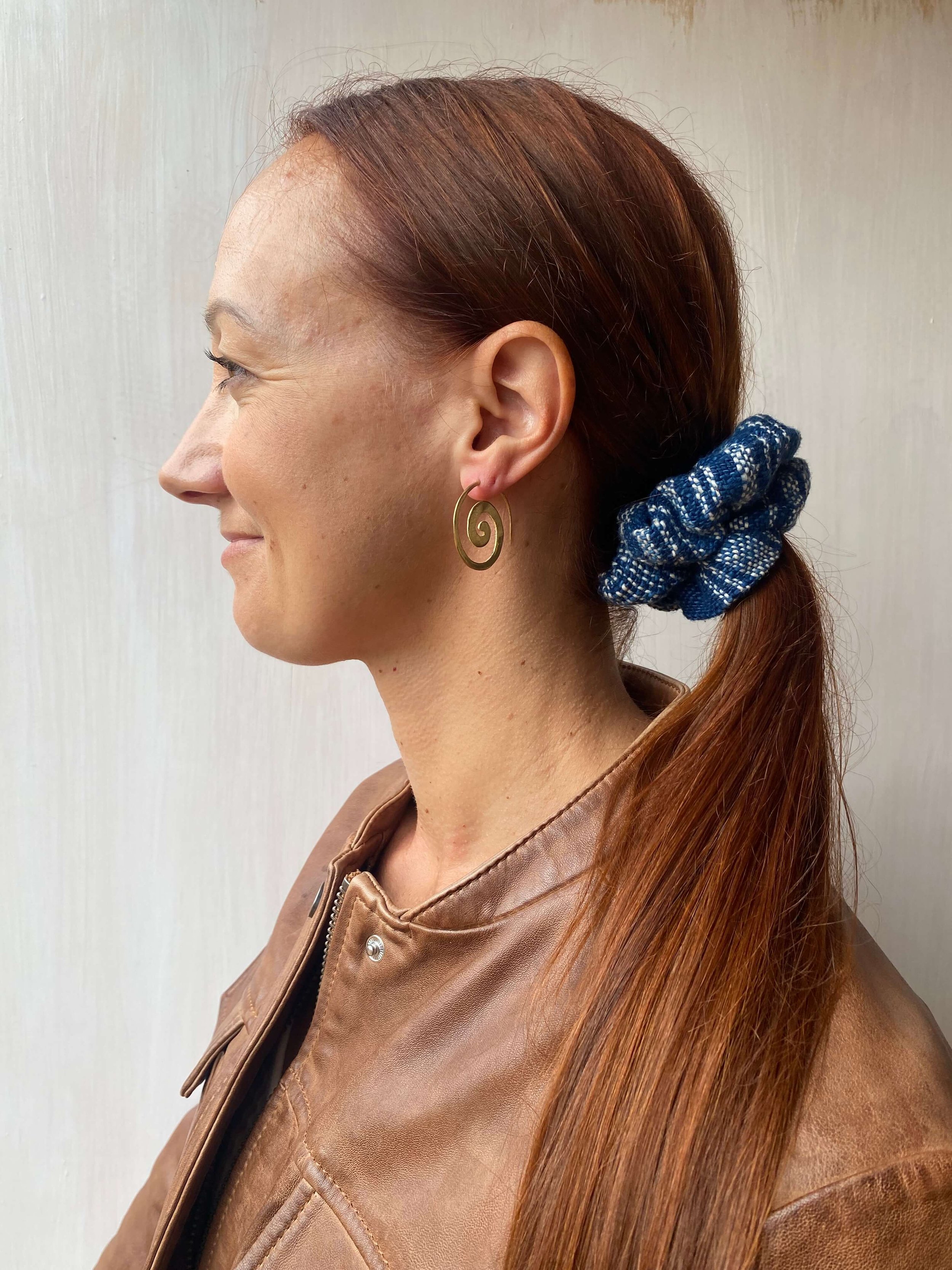 Brass Spiral Earrings Jewellery with hair accessory Blue Scrunchie LOOM Designs.jpeg
