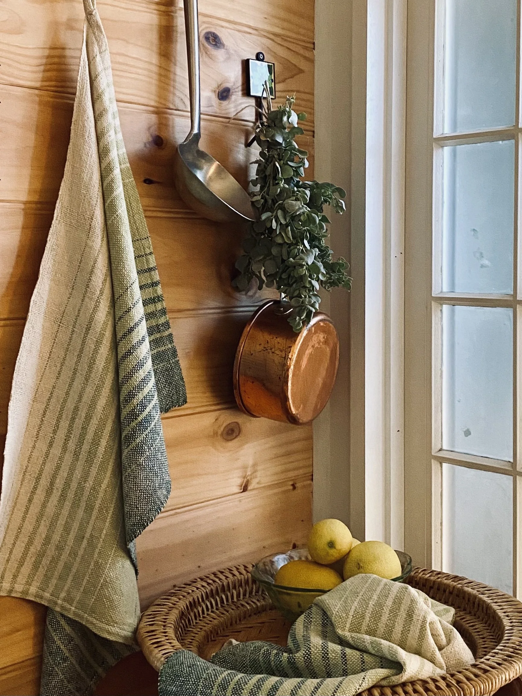 Dark & Light green striped tea towel natural dyes and hand woven cotton made in Laos.jpg