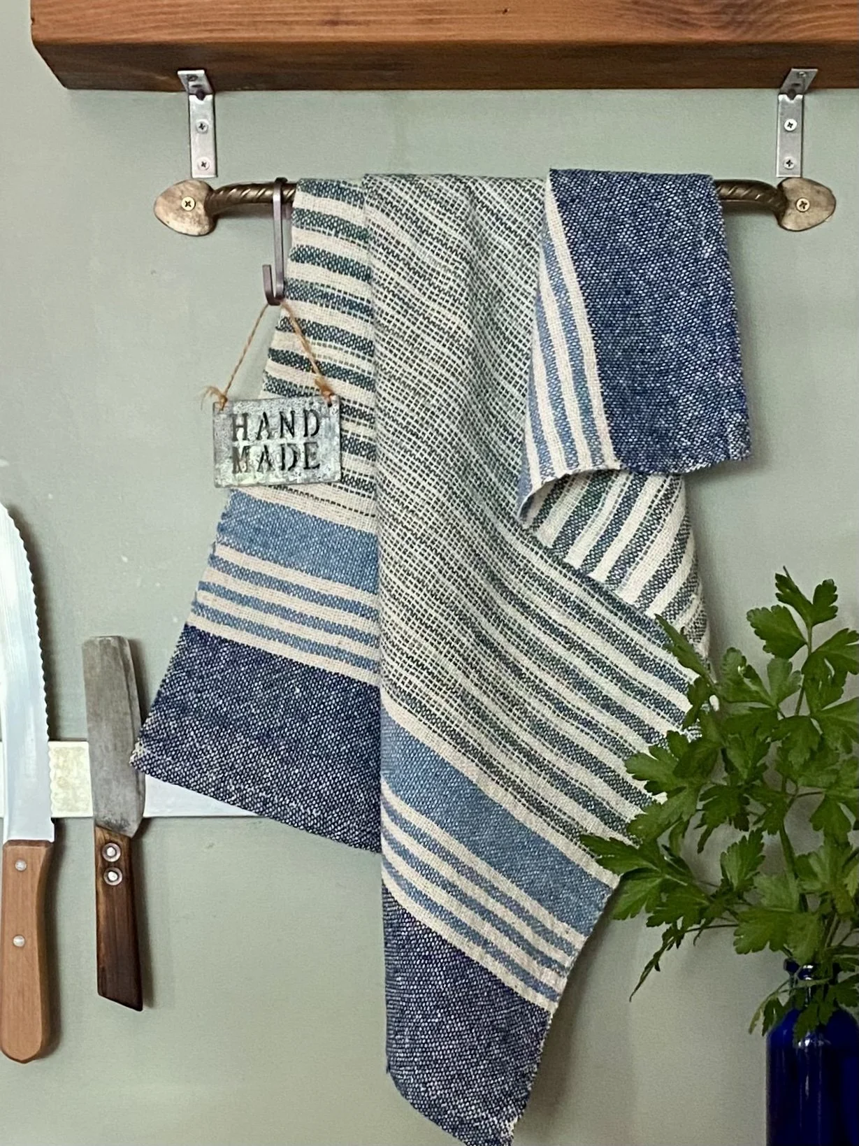 Tea Towel Green & Indigo Ikat Stripe