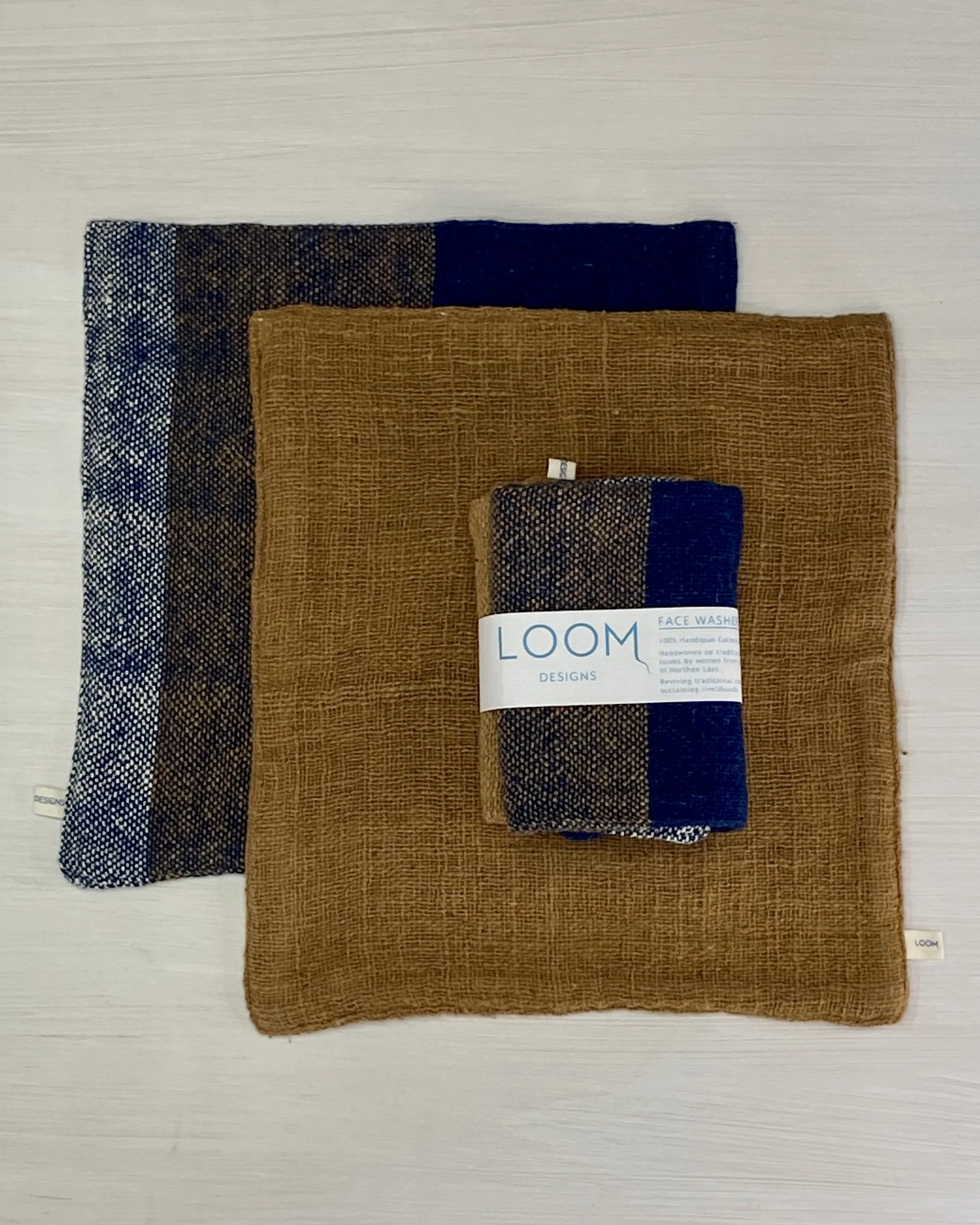 Face Washer Two Pack Dark Natural Cotton with Bold Indigo Cinnamon Stripe Loom Designs.jpg