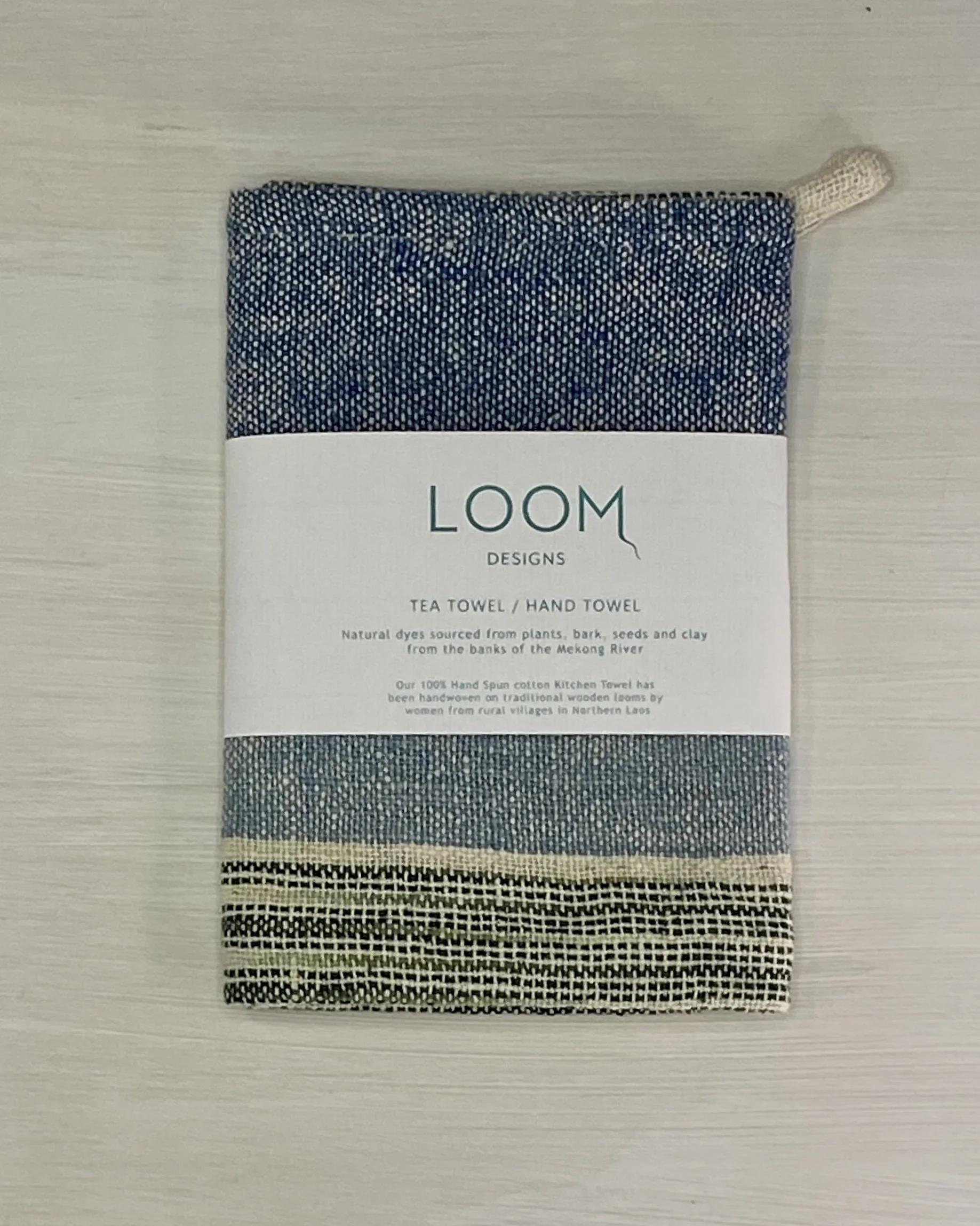 Tea Towel Green Indigo Stripe with Loom Designs Label.jpg