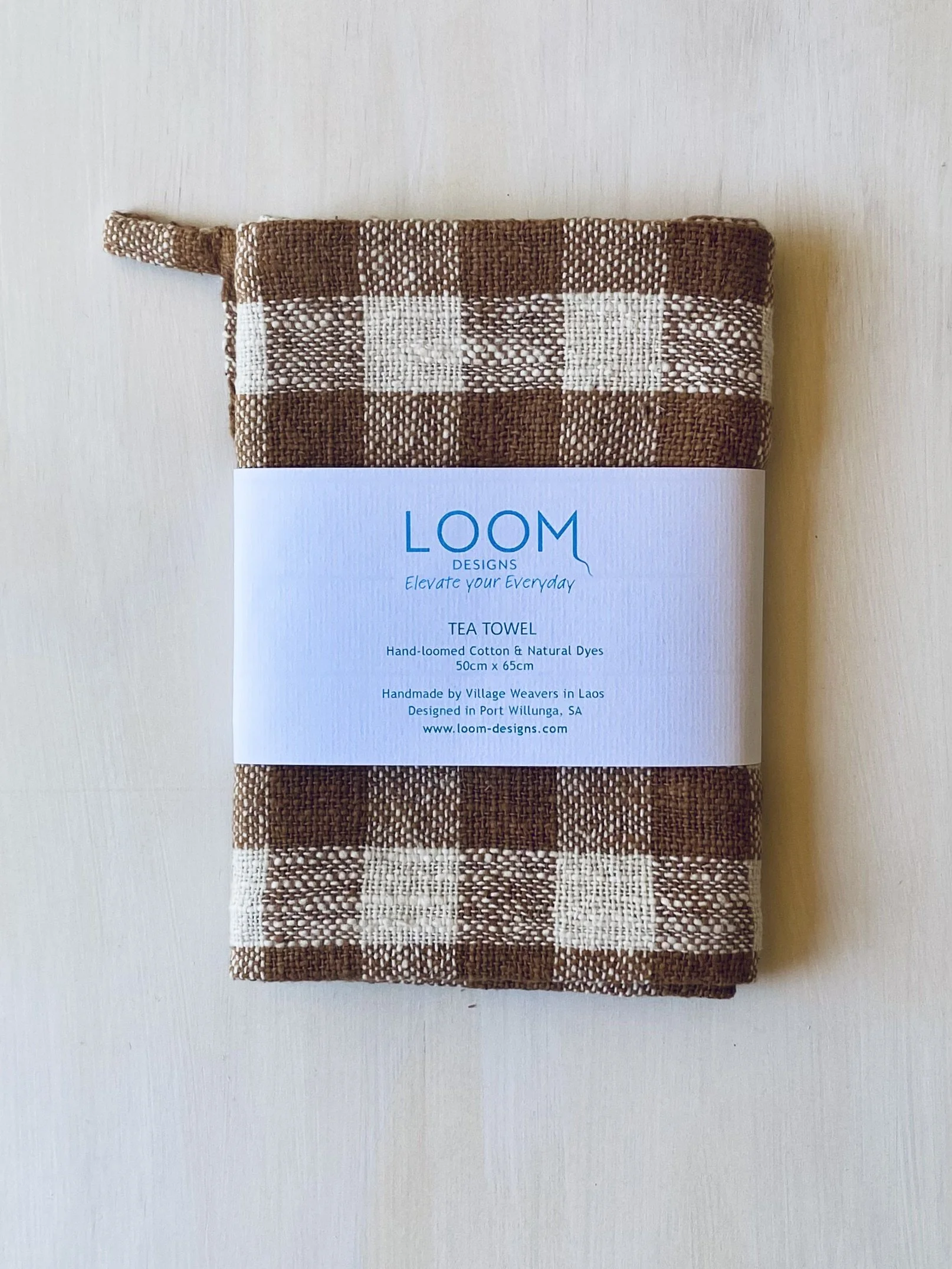 Tea Towel Mocha & Natural Cotton Check packaged LOOM Designs.jpeg