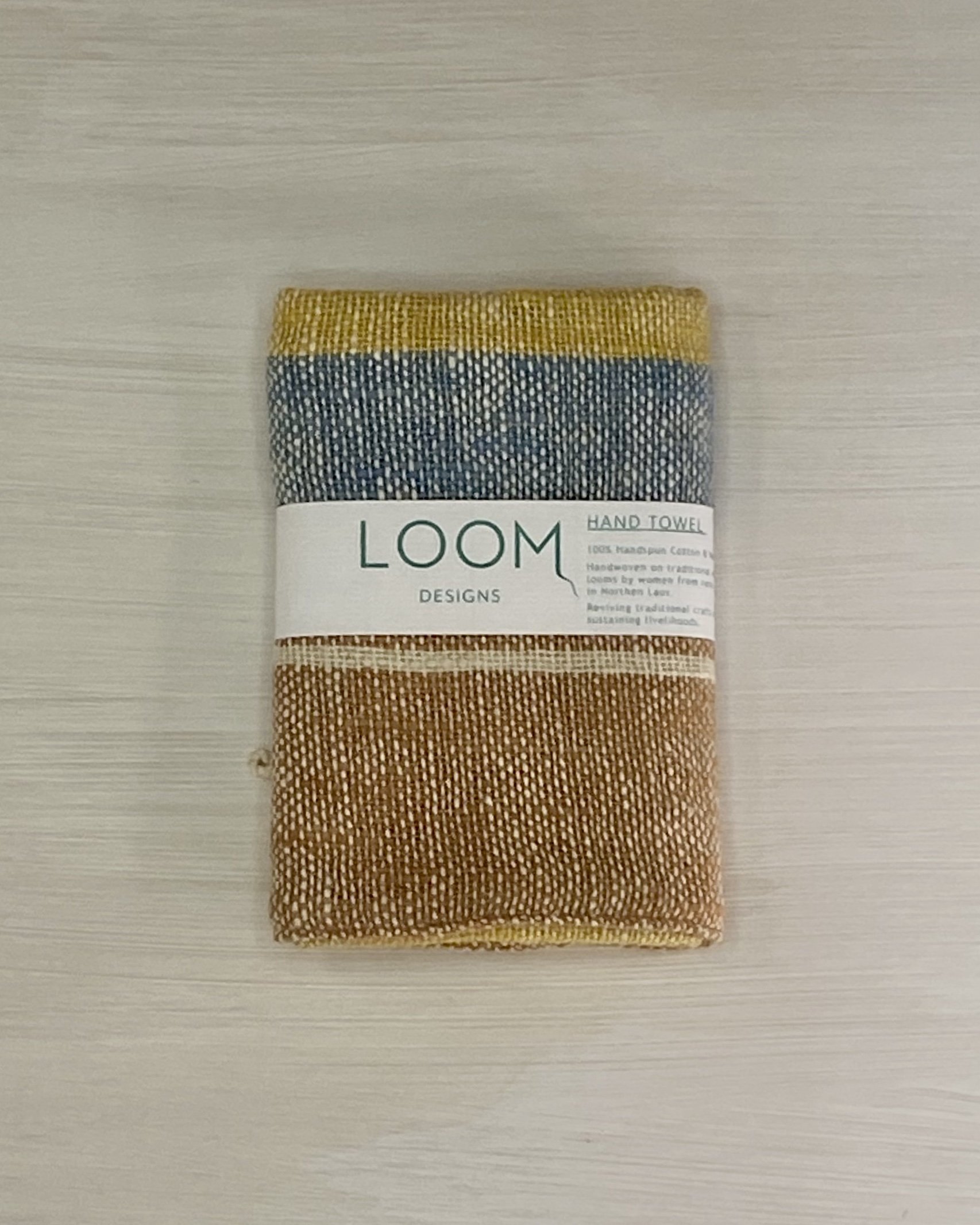 Hand Towel Retro Indigo Marigold Cinnamon Stripe with Loom Designs Label.jpg