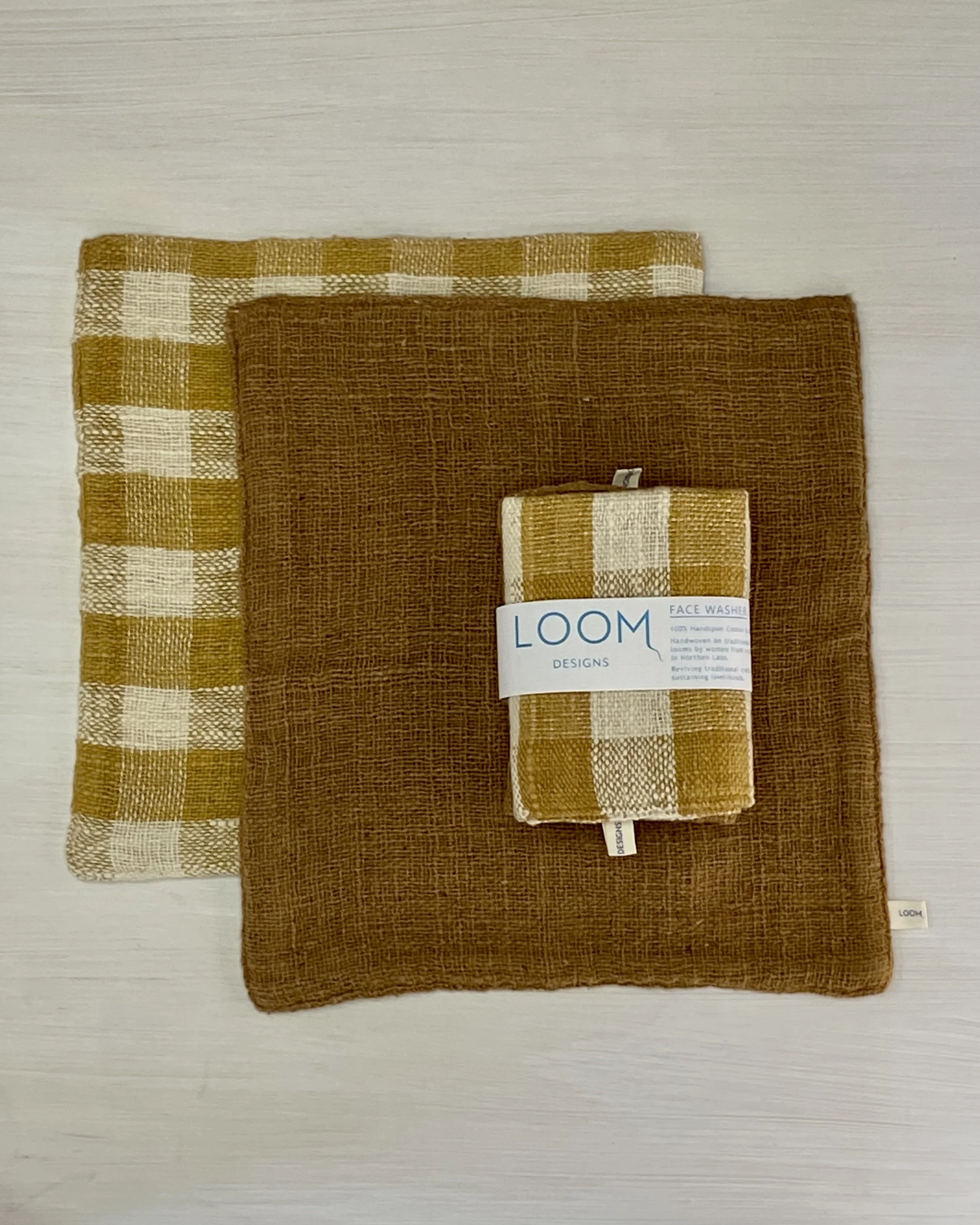 Face Washer Two Pack Dark Natural Cotton with Marigold Check Loom Designs.jpg
