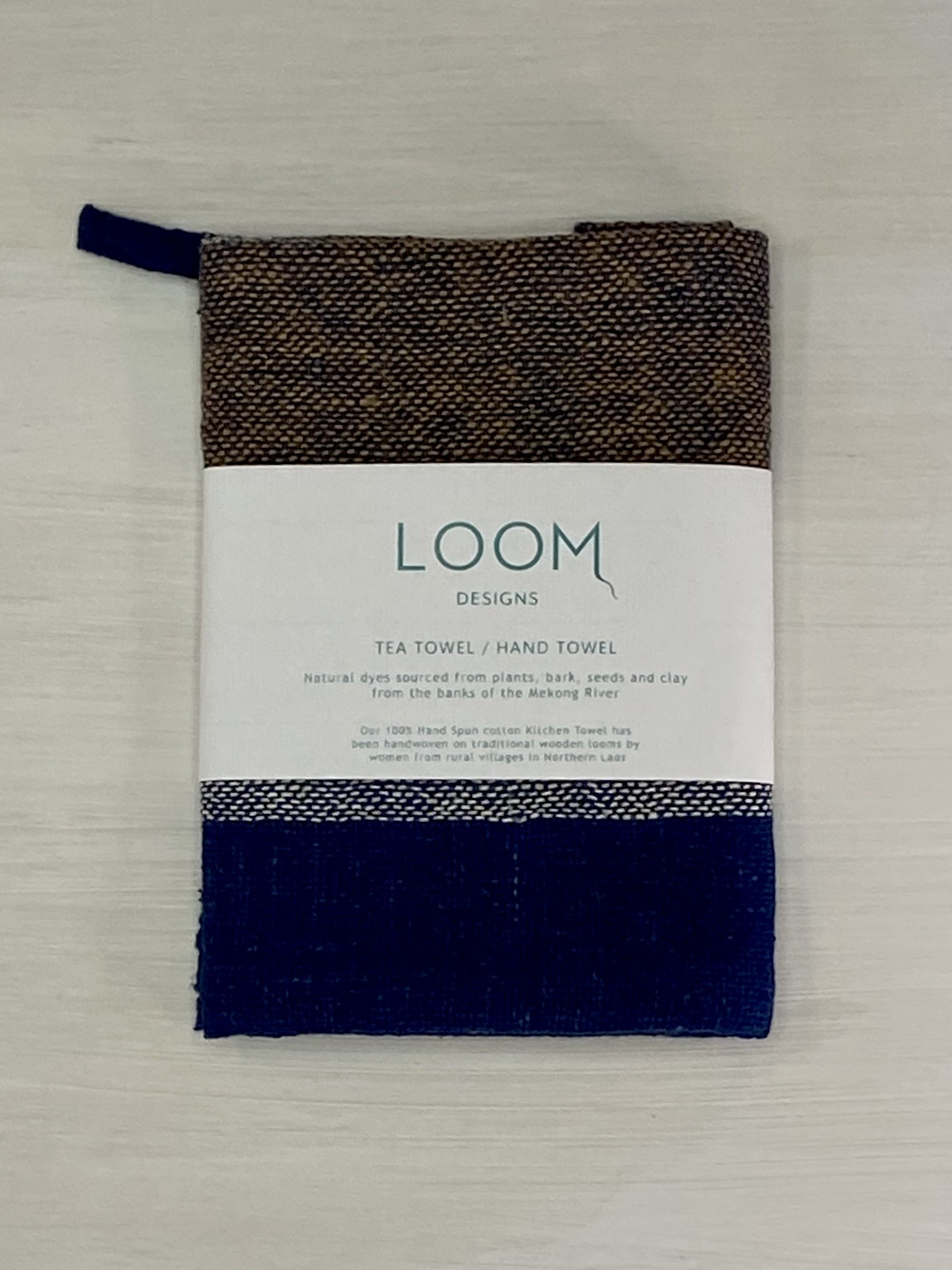 Tea Towel Bold Indigo Cinnamon Stripe with Loom Designs Label.jpg