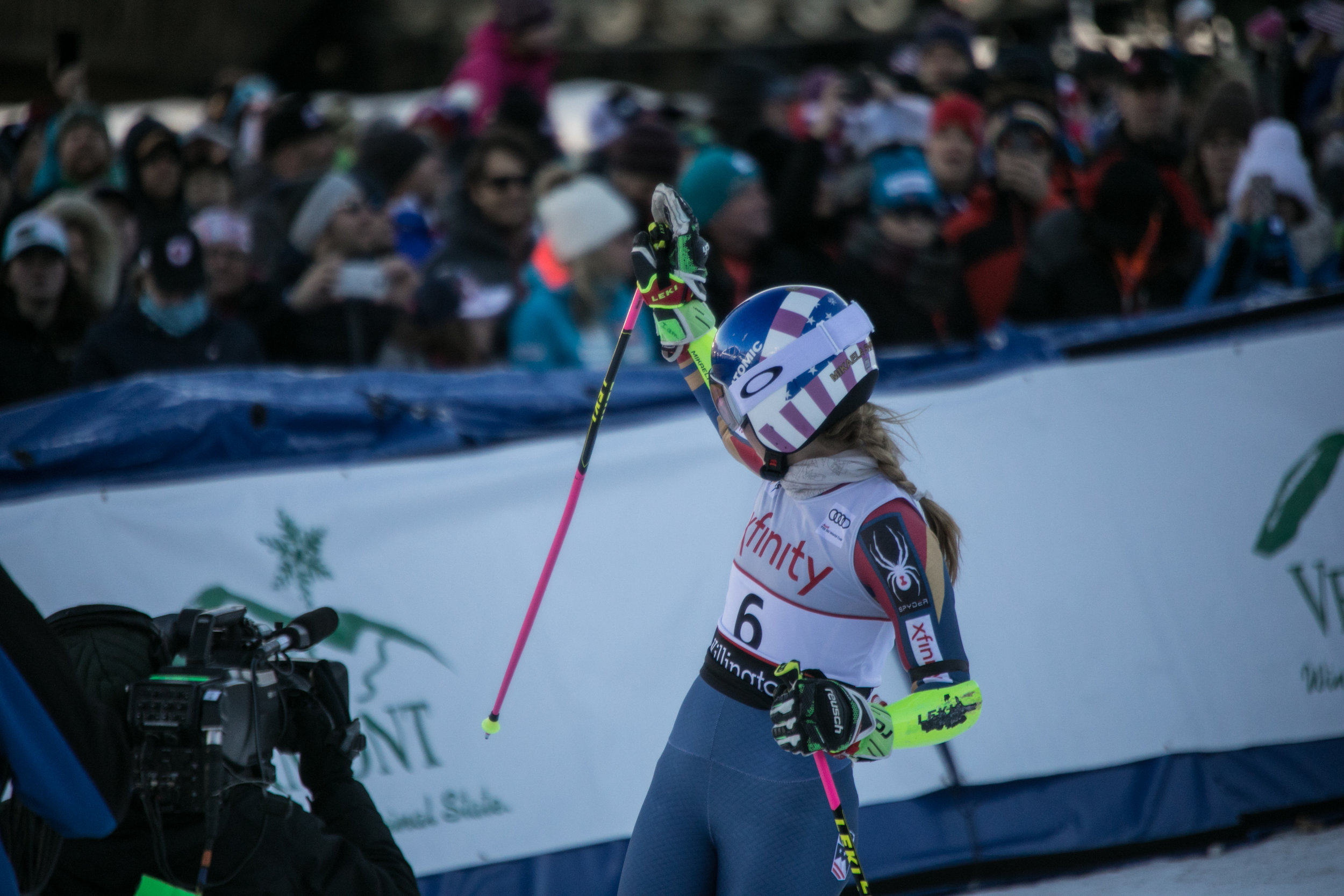 Mikaela Shiffrin waves to the crazed crowd after coming in 2nd on Saturday in the Giant Slalom.