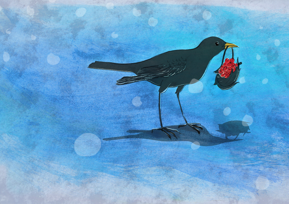 A6 Seasonal card with Blackbird,snow and berries
