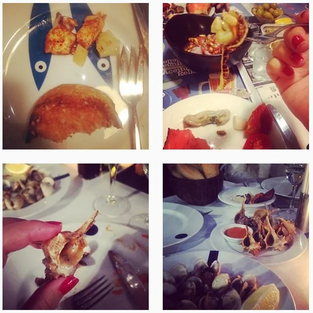 REISEBREV FRA BARCELONA: Blekksprut! Tallerken ser litt negativ ut, men det smakte litt som stekte poteter og bacon, og det er jo godt. 😁👍 Aner ikke hva jeg spiser på bilde nr.2. 😳 Men shottet sjøvann med sitron i stad, såpass fikk jeg med meg. �…