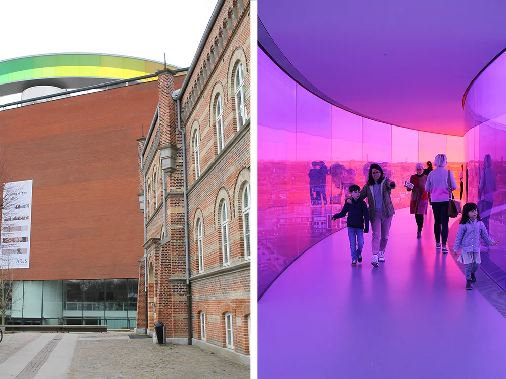 AROS: Kunstmuseet ARoS er Aarhus mest kjente kunstmuseum. På toppen av bygningen finner du Your Rainbow Panorama, en kul regnbuefarget glassgang du kan gå i. Foto: Tenk Koffert
