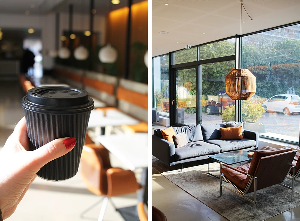 TAKE AWAY: Hotellet har take away-kopper, så du kan ta med deg kaffen ut i byen - og en kaffemaskin du kan forsyne deg av når du måtte ønske. Foto: Tenk Koffert