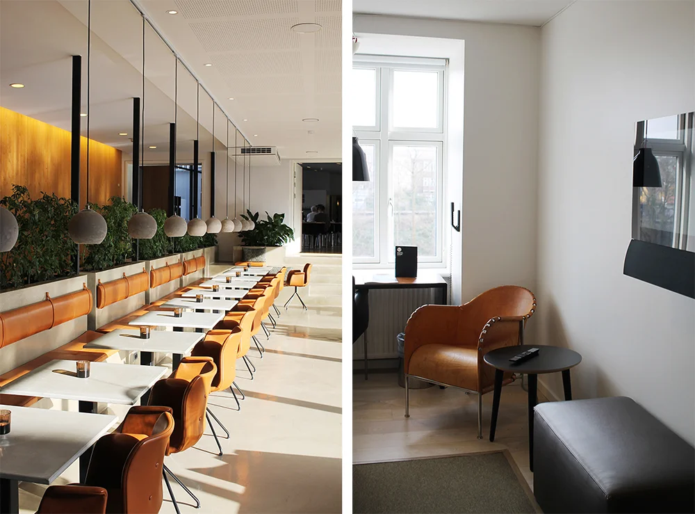 HOTEL OASIA: Fine farger og fint interiør. Bildet til venstre er fra lobbyen, bildet til høyre er tatt fra rommet mitt. Foto: Tenk Koffert