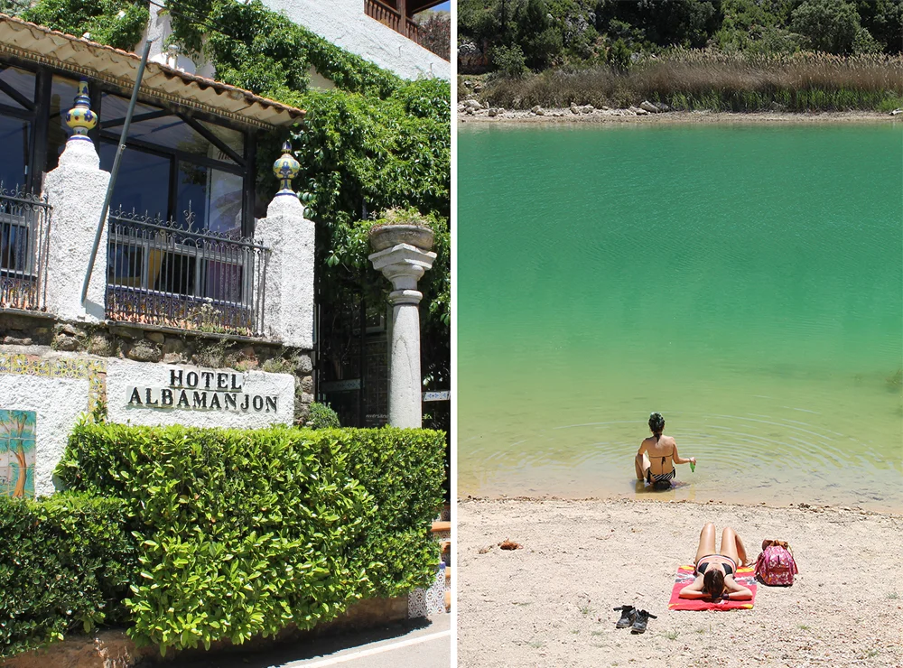 HOTEL ALBAMANJON: Vi stoppet for å spise i dette hotellets restaurant. Kjempegod mat! Utenfor Hotel Albamanjon er det en fin, liten badestrand. Foto: Tenk Koffert reiseblogg