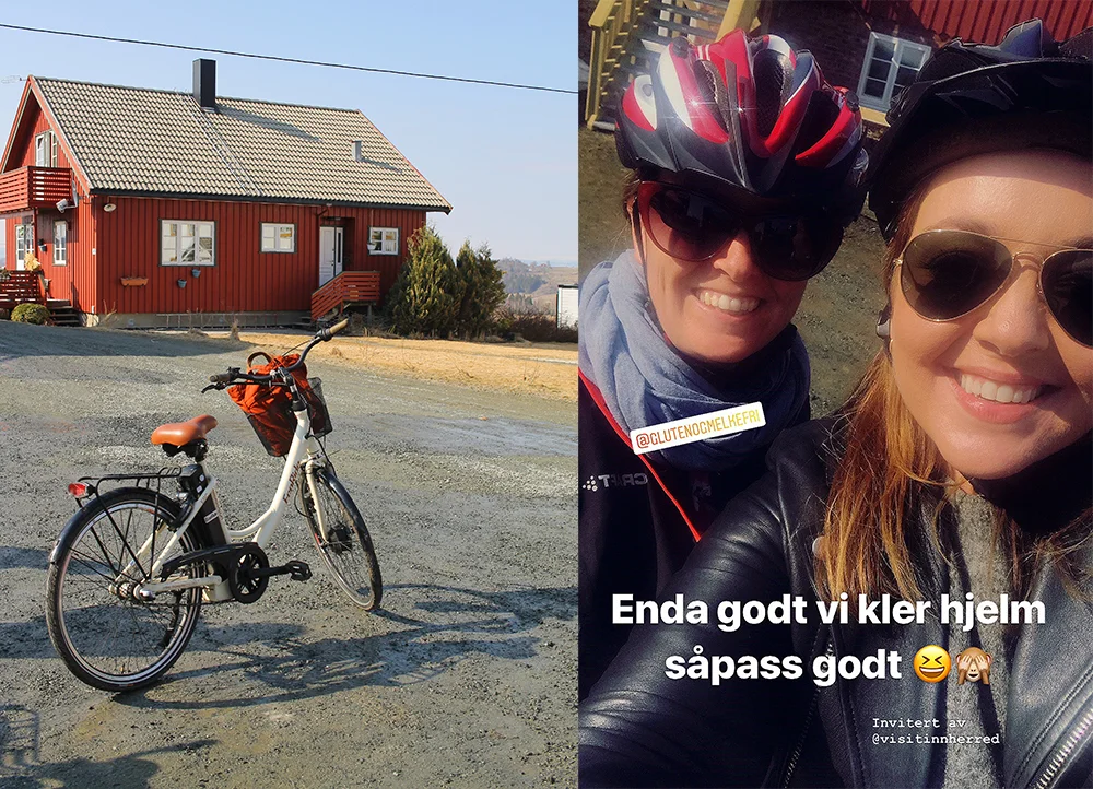 PÅ REPORTASJETUR: Kathrine og jeg gjorde masse gøy, da jeg var i Innherred. Blant annet syklet vi ned til Levanger på elsykkel. Foto: Tenk Koffert