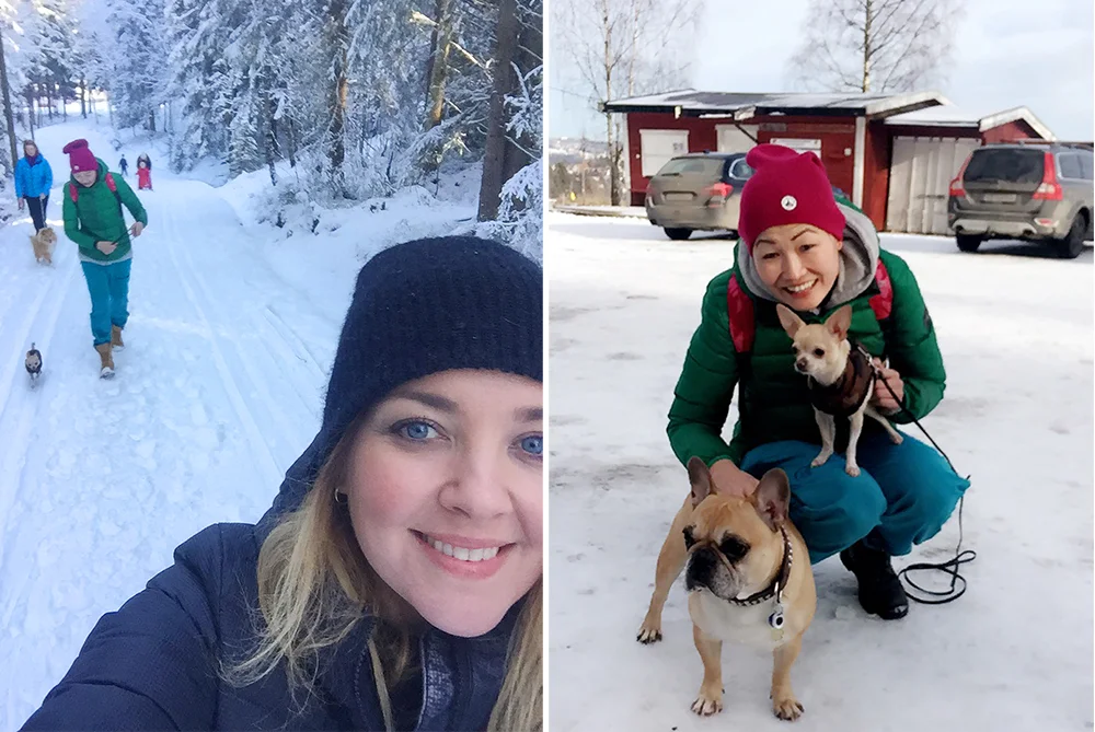 FEBRUAR: Tuir til Mariholtet med min venninne, Marianne, og hundene våre. Foto: Tenk Koffert
