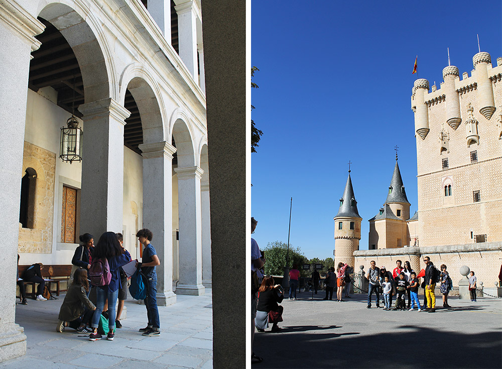 SLOTTET I SEGOVIA: Ungdommer fra en skoleklasse har hatt guidet omvisning inne i Álcazar de Segovia. Og guide kan virkelig anbefales, da lærer du blant annet om de kongelige som har bodd på dette slottet - mange fascinerende historier. Utenfor tar turistene bilder, ser ut som Disneyland, ikke sant? 🤣 Foto: Tenk Koffert