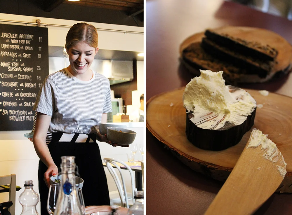 GOD SERVICE: Hos restauranten i det lille, røde mursteinshuset på Lonna får du fantastisk mat og upåklagelig service. Det mørke brødet med jomfrusmør var himmelskt godt.. Foto: Tenk Koffert