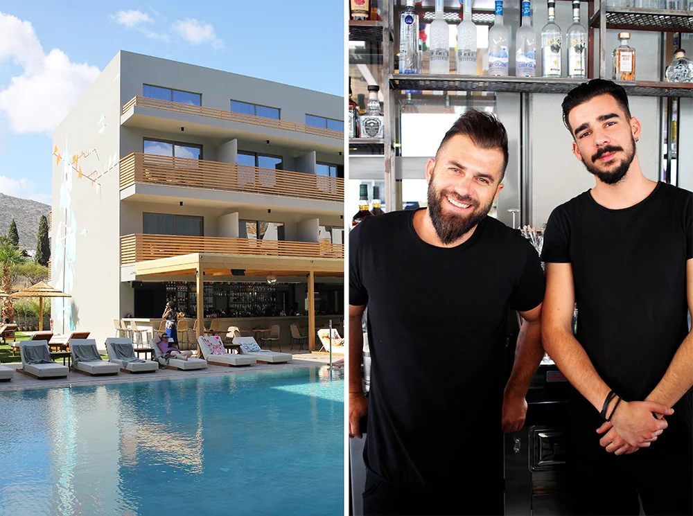 GRESKE GUDER: Nå ja, bartendere, i alle fall! Og noen ganger kan jo en iskald drink føles nærmest gudesendt. Disse karene jobber på hotellet vi bodde på; Cook’s Club Hersonissos. Foto: Tenk Koffert