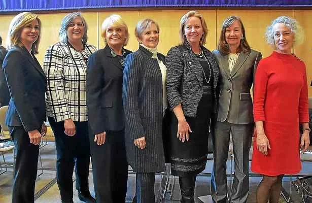 From left, Chester County Commissioners Michele Kichline and Kathi Cozzone, with Sheriff Carolyn “Bunny” Welsh join the newly elected row officers: Treasurer Patricia Maisano, Controller Margaret Reif, Clerk of Courts Yolanda Van de Krol and Coroner Dr. Christina VanePol, following their swearing-in ceremonies held at West Chester University Sykes ballroom Wednesday. PETE BANNAN – DIGITAL FIRST MEDIA