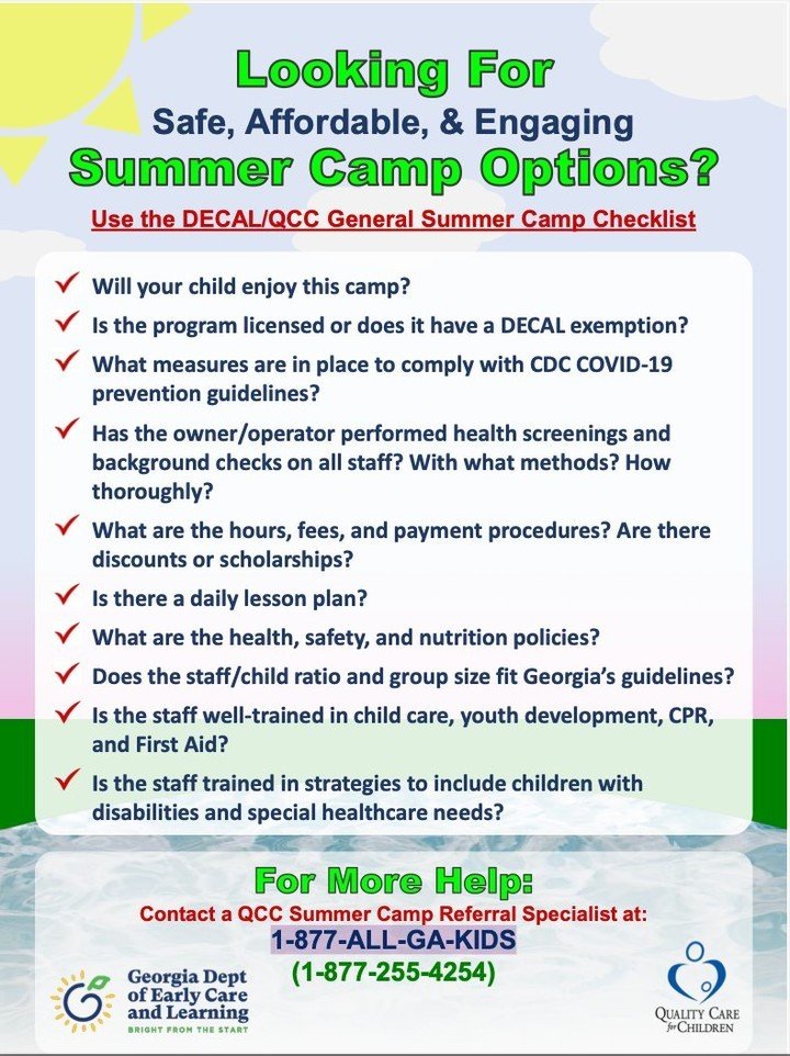 Summer, summer, summer is almost here! 😎 

Let us help you with your summer child care plans! Connect with LiveChat at QCCga.org, call 877-ALL-GA-KIDS (877-255-4254), or search for care at QualityRated.org.

.
.
.
.

877-ALL-GA-KIDS is made possible