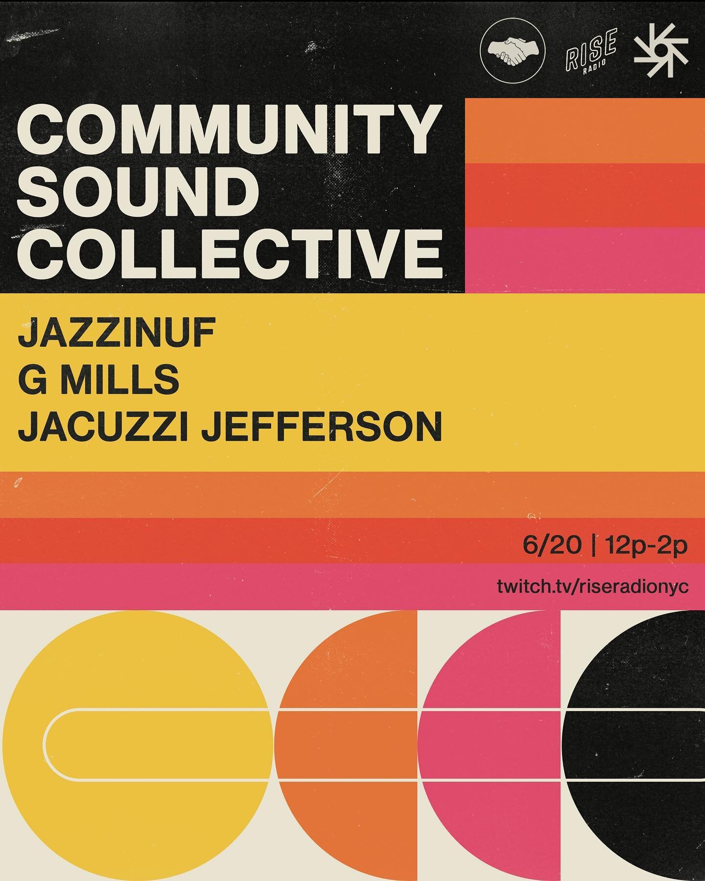 this sunday @communitysoundcollective is back at @rise.radio.nyc with @gmillsmusic &amp; @jazzinuf. come hang out in person or catch the stream live on #twitch 🤝