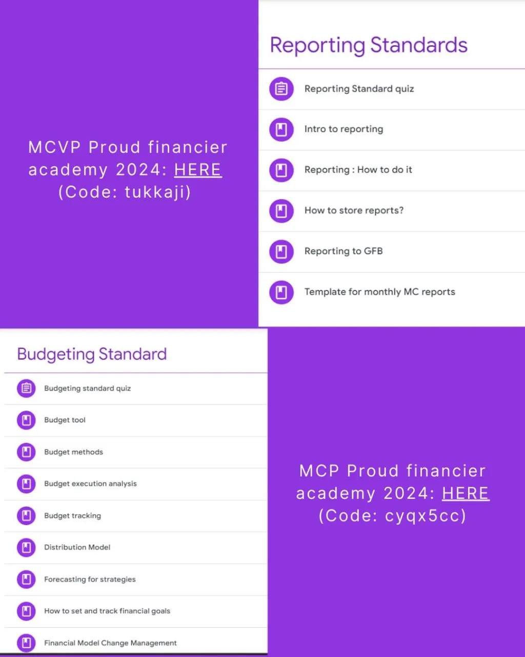 Our latest uploads on reporting and budgeting standards at Finance Academy! 💼

 Check it out now and level up your financial Knowldget.

- MCP Proud financier academy 2024: HERE (Code: cyqx5cc)
- MCVP Proud financier academy 2024:  HERE (Code: tukka