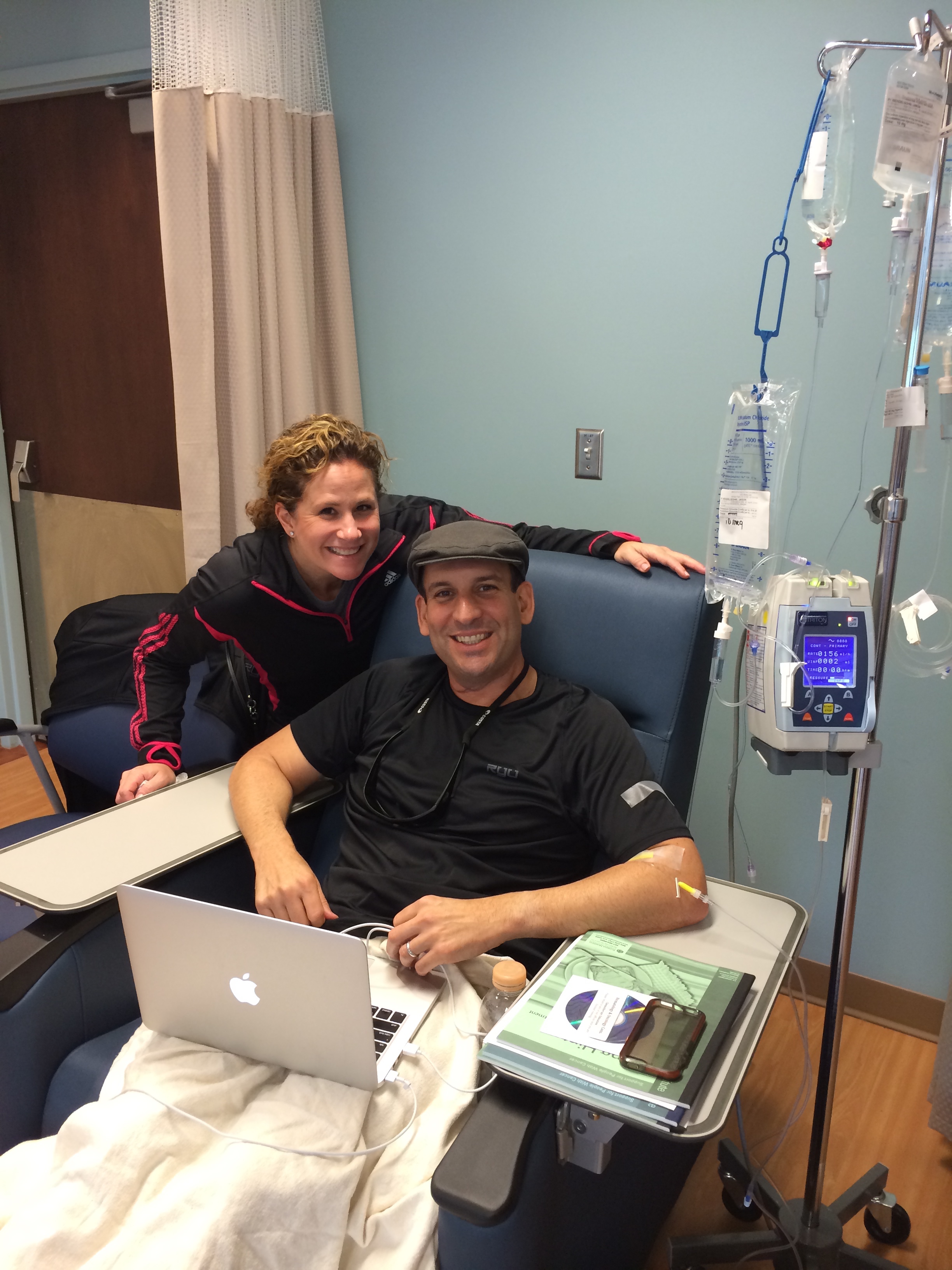 My wife Ronni with me during one of my first chemo appointments. Chemo took place each Thursday for seven weeks. The actually treatment took a few hours, however the entire process took approximately 8 hours. I had chemo immediately after radiation …