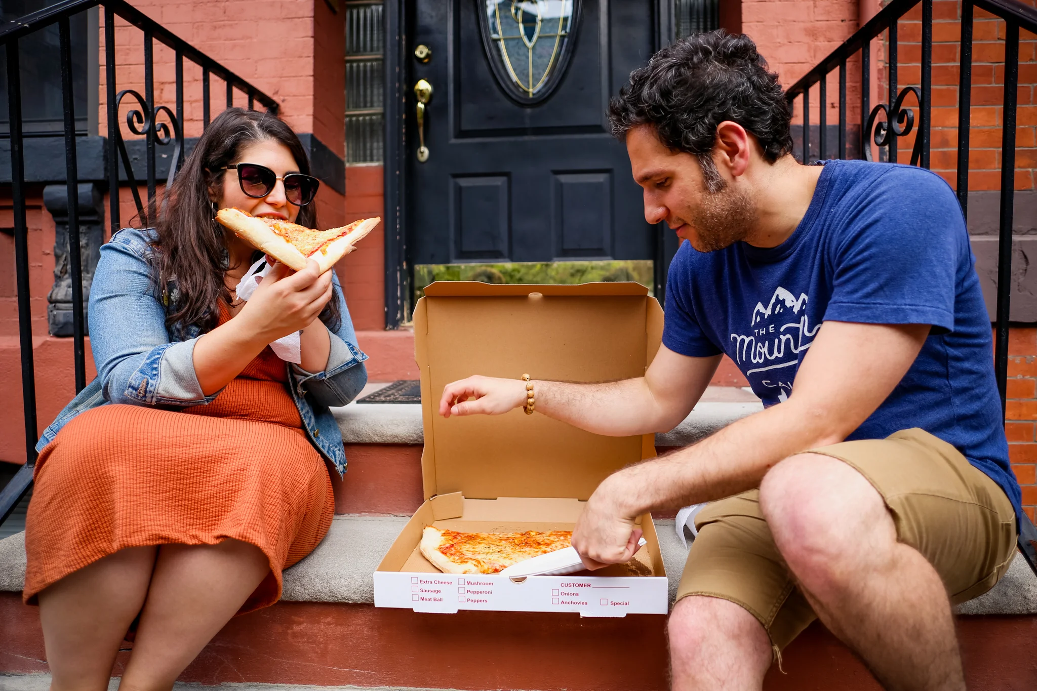 Pizza on the stoop. Candid, natural engagement session by Jen Grima, Lehigh Valley photographer.
