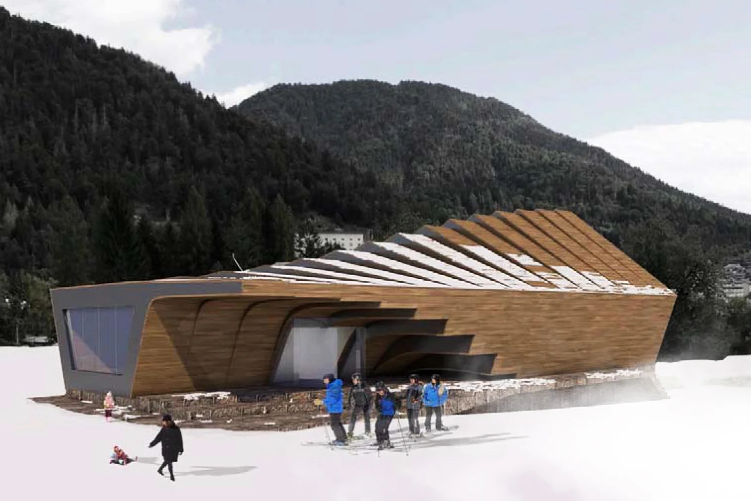 Our ski schools look into the archetype of an alpine cabin, empowering its elements trough simple but strong gestures.