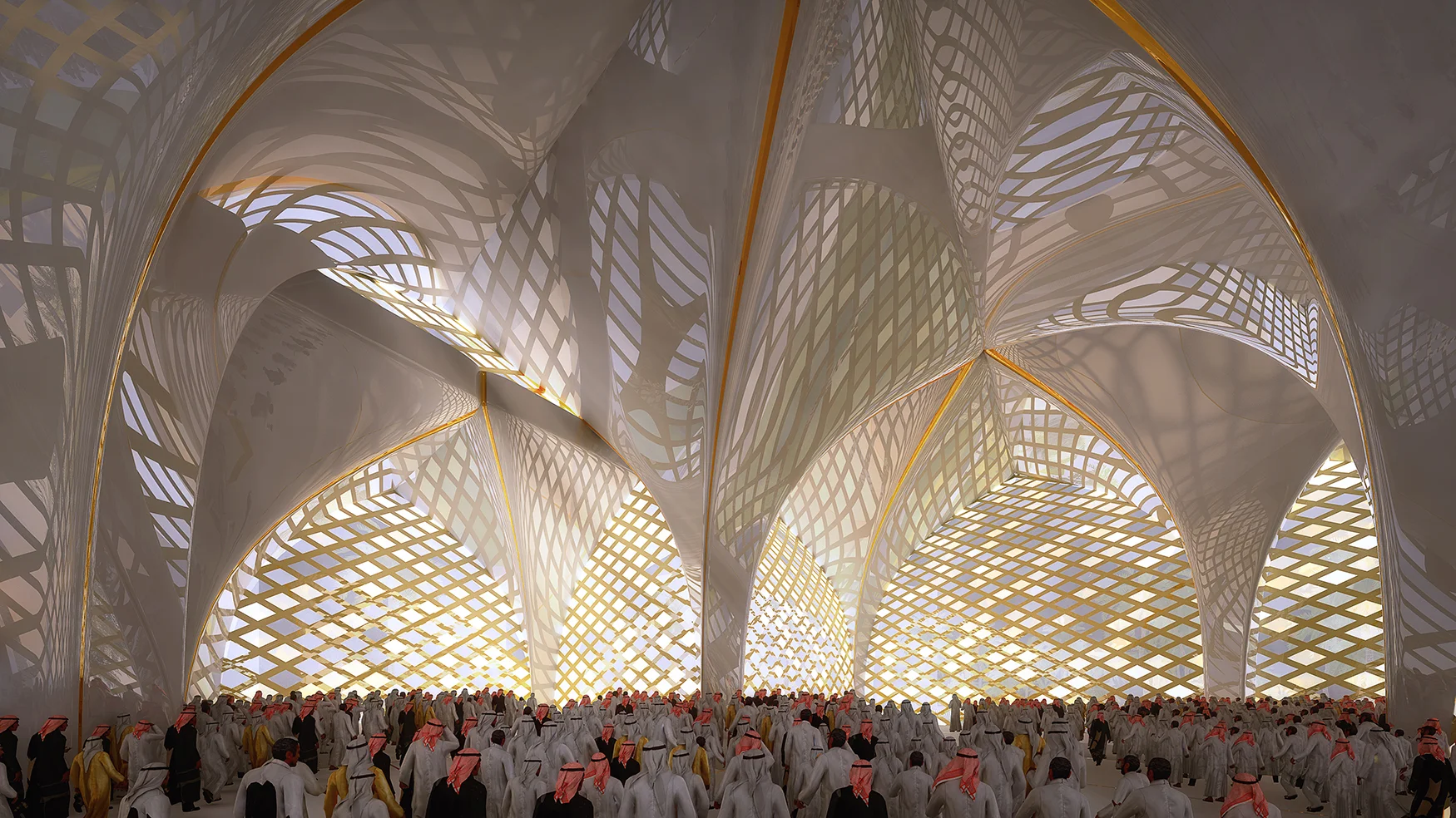 Materials are used to enhance the perception of a mirage. The facade, in thin white marble and reflective golden glass, brings a sense of preciousness and elegance in the exterior while creating an immersive and spiritual atmosphere in the interior.