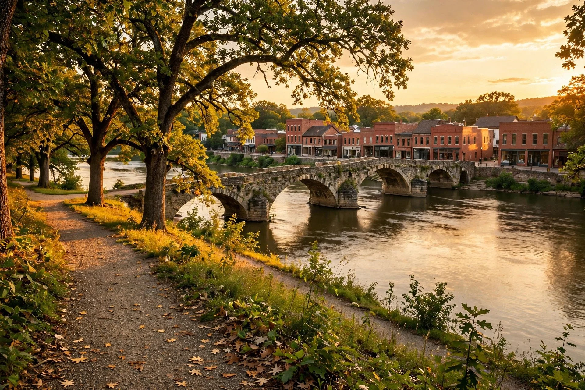 Stone arched bridge over the Fox River at sunset with historic brick downtown buildings along the riverwalk in Geneva, Illinois